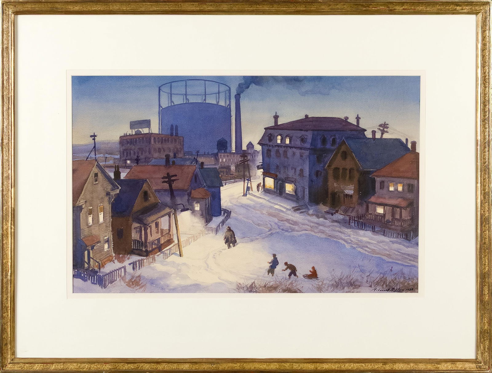 AIDEN LASSELL RIPLEY W/C, STREET SCENE WITH STUDY.: An Aiden Lassell Ripley (1896-1969) watercolor on paper, titled on reverse with The Guild Of Boston Artists label ‘R#220 Early Evening’, depicting a city street scene in winter with figure