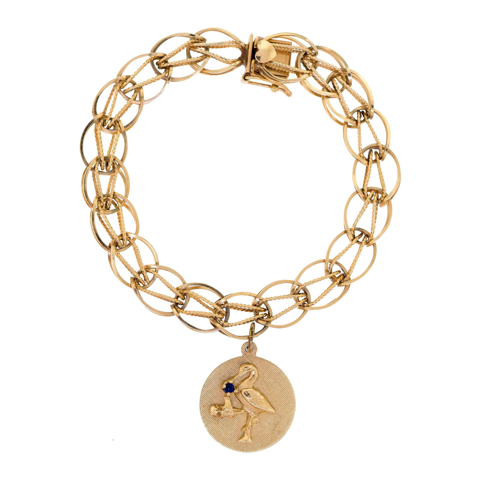 VINTAGE 14K GOLD CHARM BRACELET W/ BABY BOY CHARM.: A vintage, 14k yellow gold (stamped) charm bracelet with a baby boy stork charm, 18.5mm, synthetic blue sapphire, 7 inches long, 9mm wide, 14.3 grams.