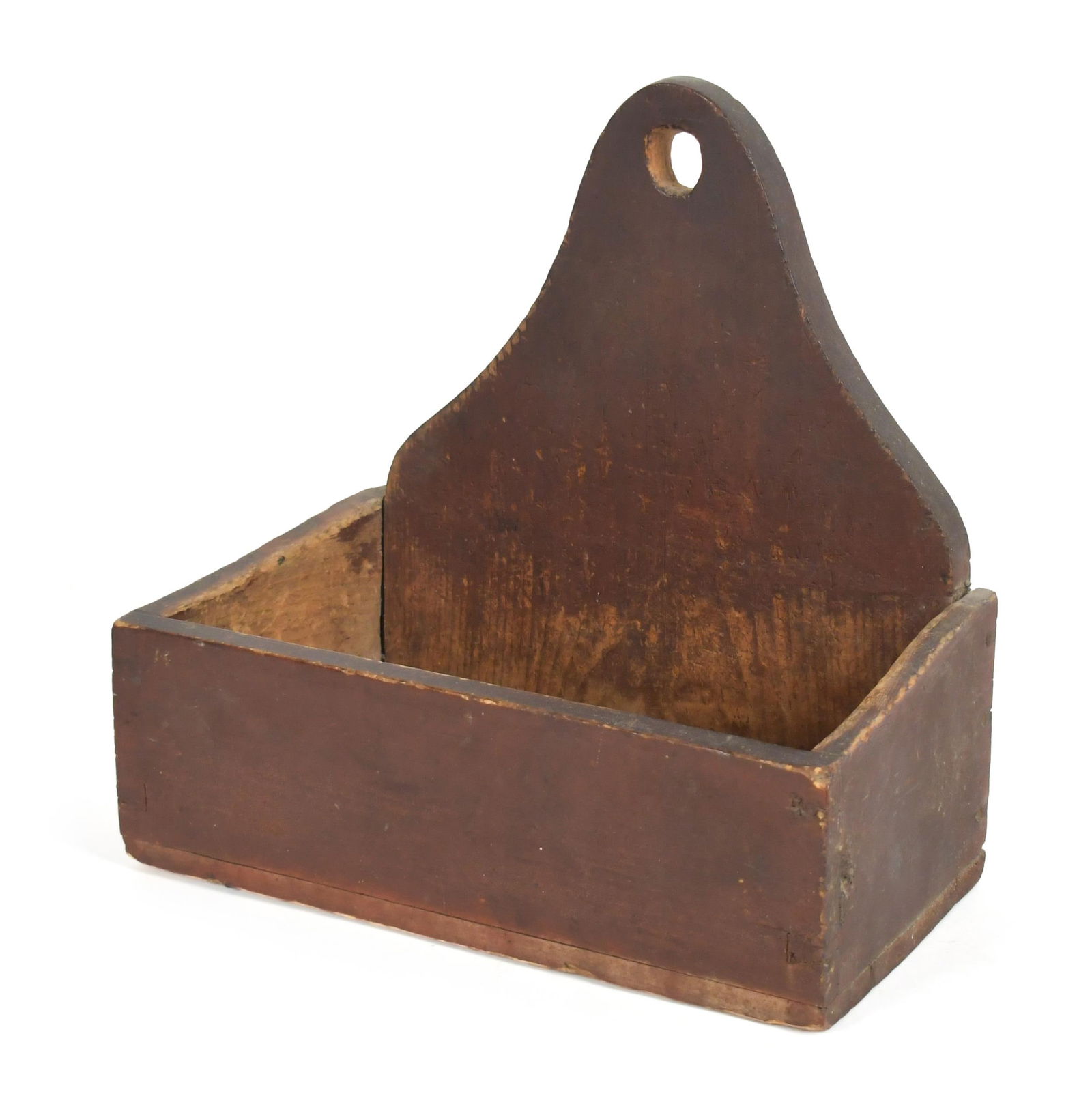 EARLY NEW ENGLAND RED PAINTED HANGING WALL BOX.: A ca. 1800 red painted wall box, with a curved back board and a hole for hanging. 12”H x 11.5” x 6.5”D.