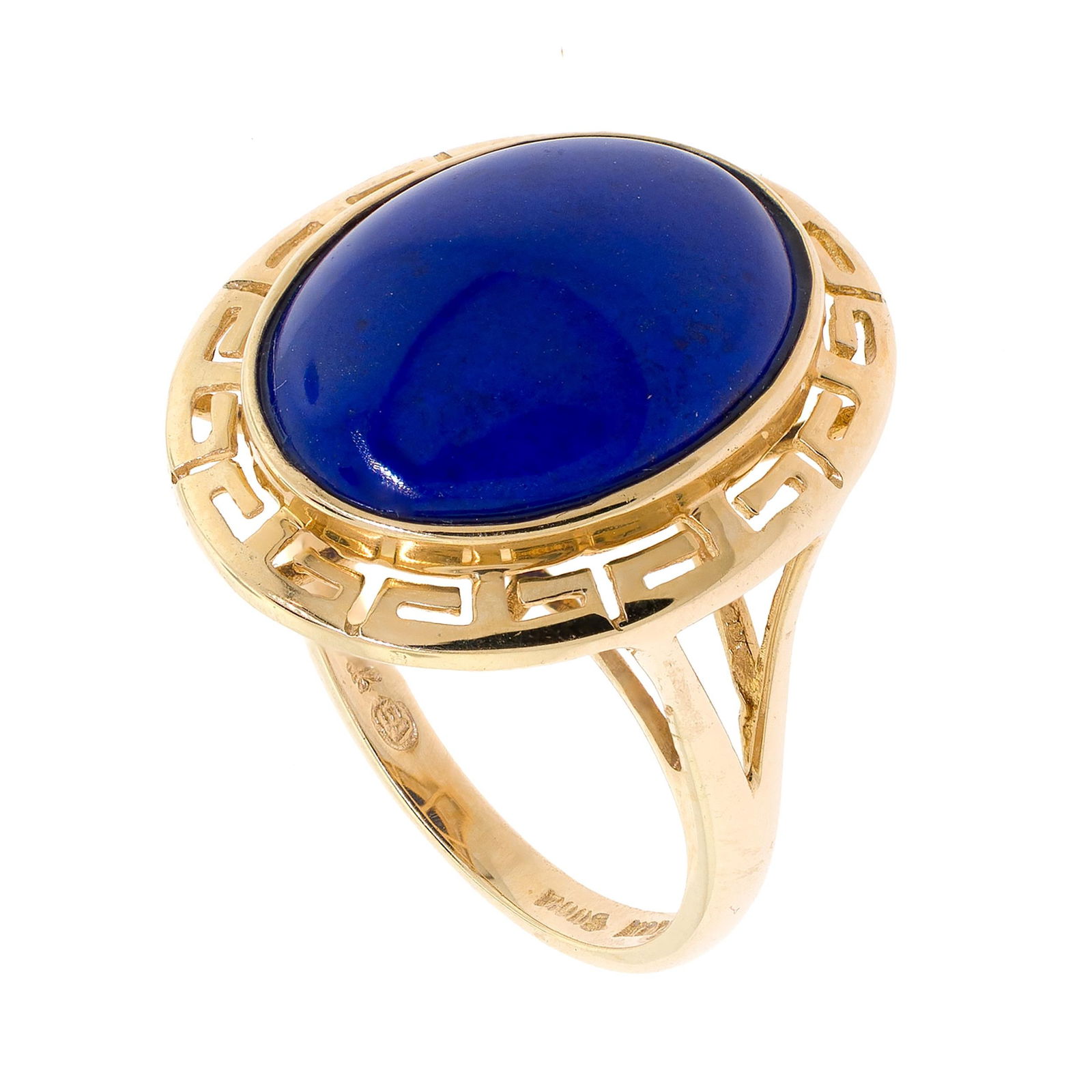 14K GOLD LAPIS CABOCHON GREEK KEY RING. (1 of 2)