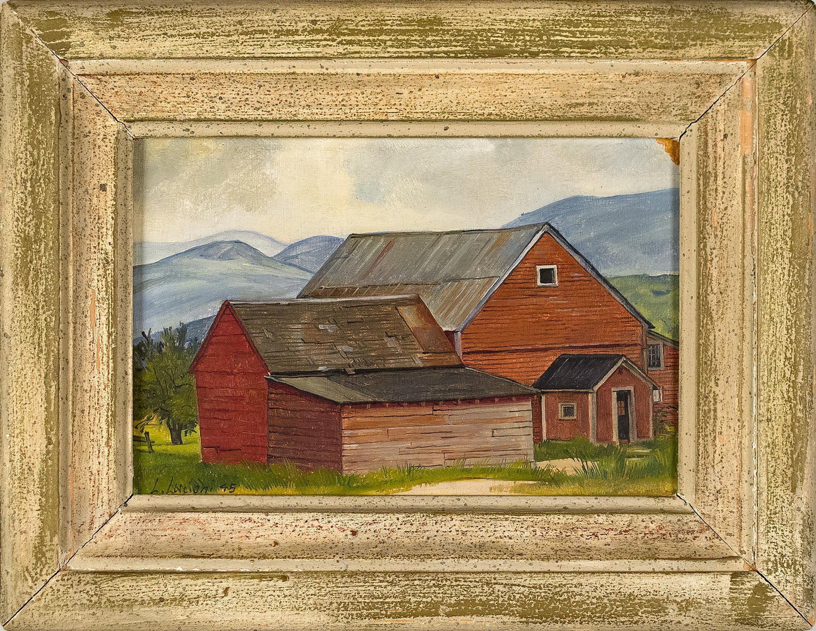 LUIGI LUCIONI OIL, RED BARN IN LANDSCAPE.: A Luigi Lucioni (1900-1988) oil on masonite, red painted barns nestled in a VT landscape, signed and dated lower left, L. Lucioni 45. Partial Luigi Lucioni paper label on reverse. Image 5” x 7.5