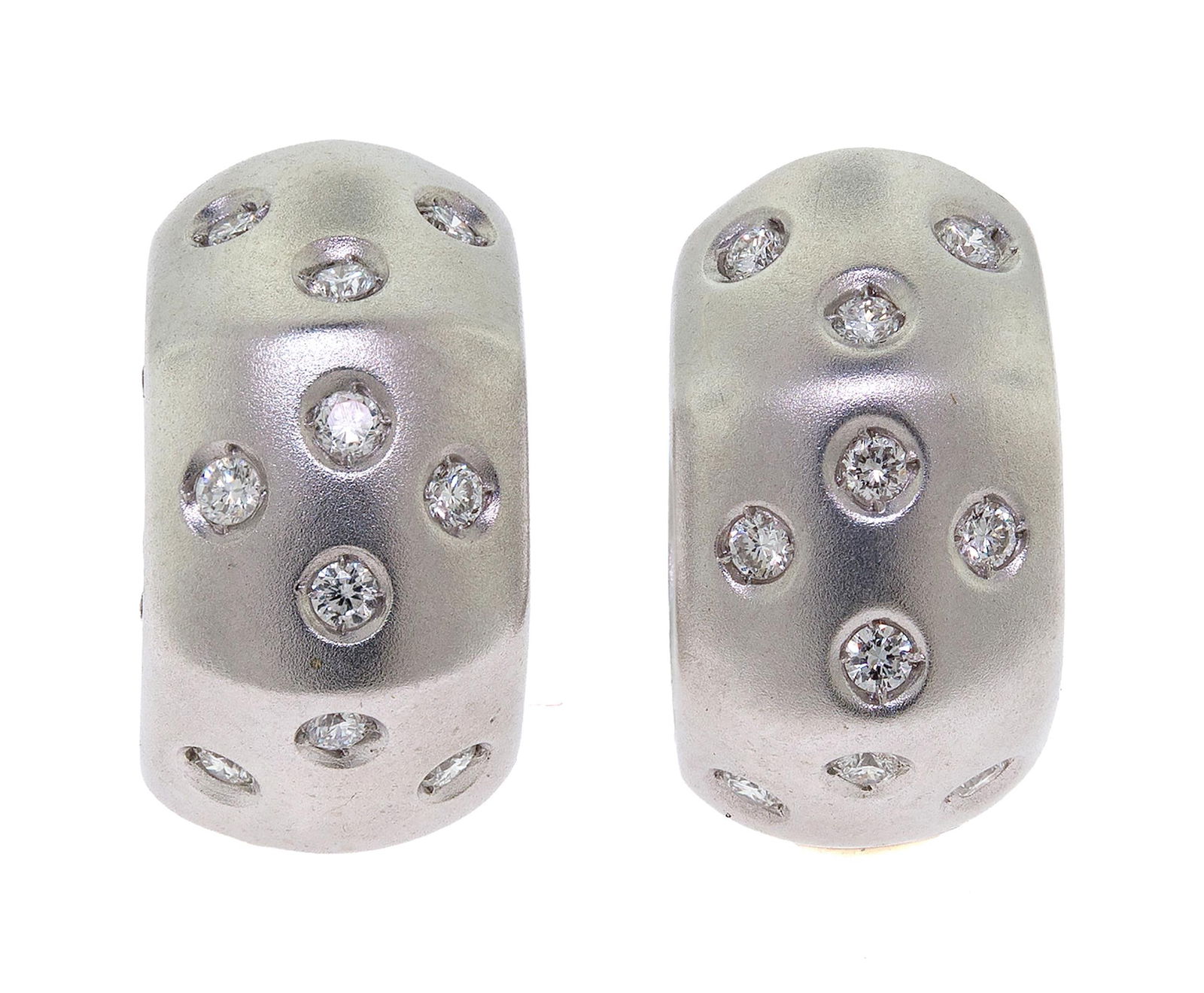 18K WHITE GOLD DIAMOND HUGGIE HOOP EARRINGS.: A pair of 18k white gold (stamped) small, huggie hoop earrings set with approx. .15 ct. tw. round brilliant cut, natural diamonds of G-H color and VS clarity, 1/2 inch diameter, 6.6 grams. Tested as n