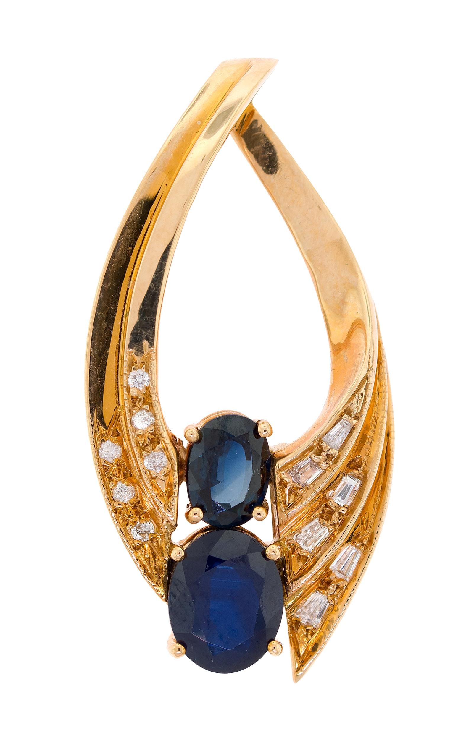 14K GOLD SAPPHIRE & DIAMOND SLIDE PENDANT.: A 14k yellow gold (tested) slide pendant set with approx. 1.75 ct. tw., faceted oval, dark blue sapphires and approx. .56 ct. tw., round brilliant and baguette cut, natural diamonds of G-H color and V