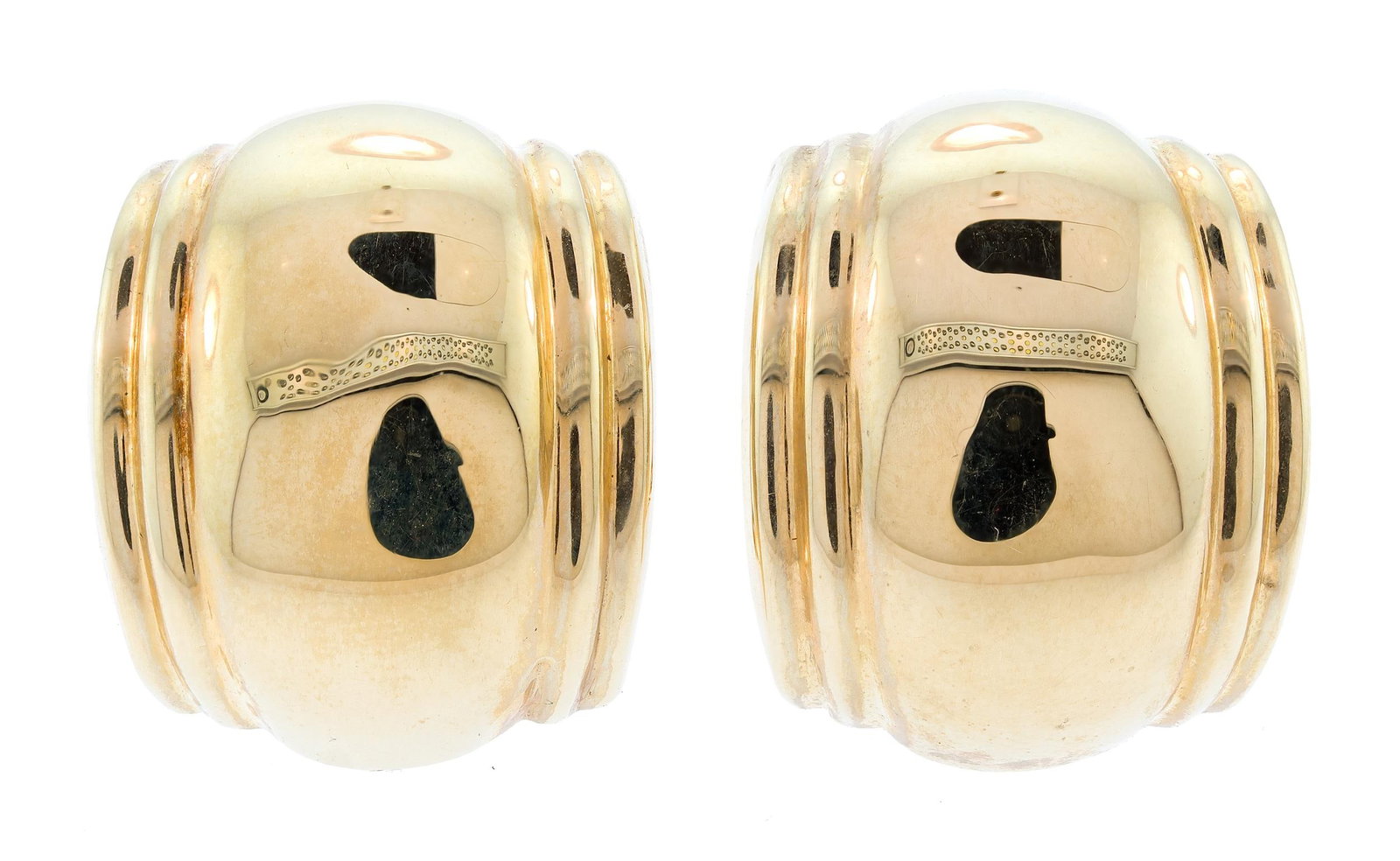 14K YELLOW GOLD WIDE OMEGA CLIP POST EARRINGS.: A pair of 14k yellow gold (stamped) wide post earrings with omega clip closures, 19mm wide, approx. 1 inch long, 9.2 grams.