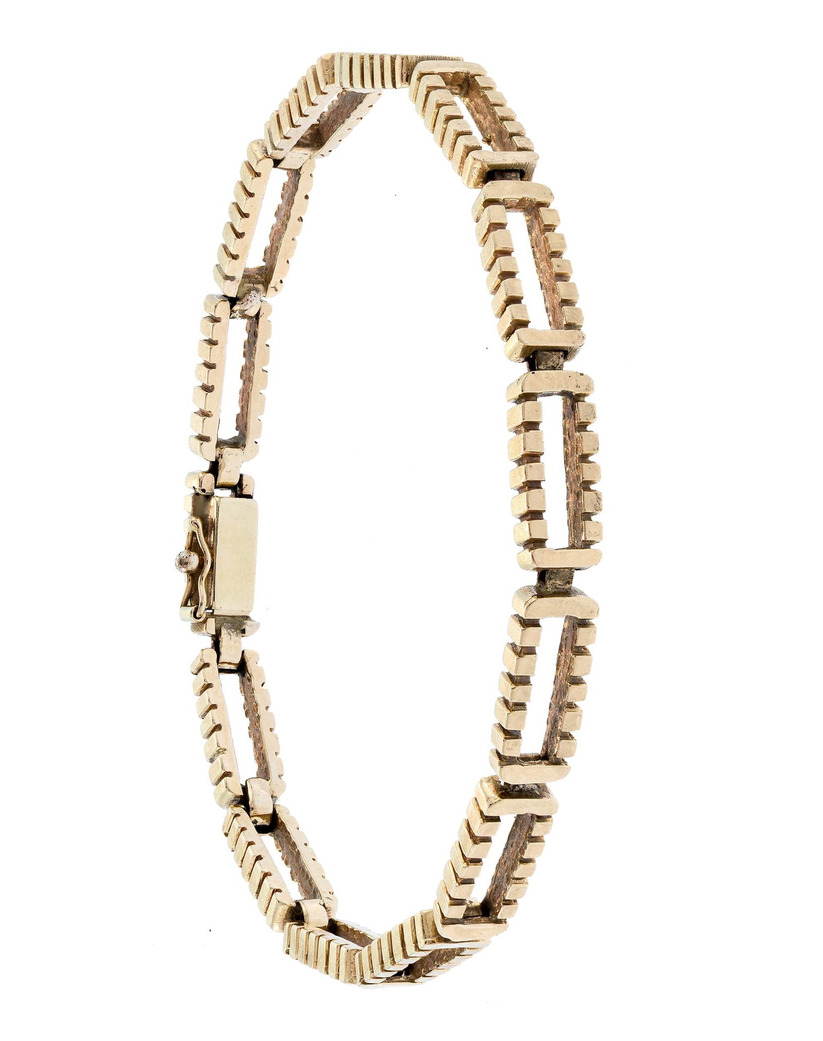 VINTAGE 14K GOLD RECTANGULAR LINK BRACELET.: A vintage, 14k yellow gold (stamped), textured, rectangular link bracelet, 5mm wide, 7 1/8 inches long, includes 3 extra links (1 1/2 inches), 17.4 grams (includes extra links).