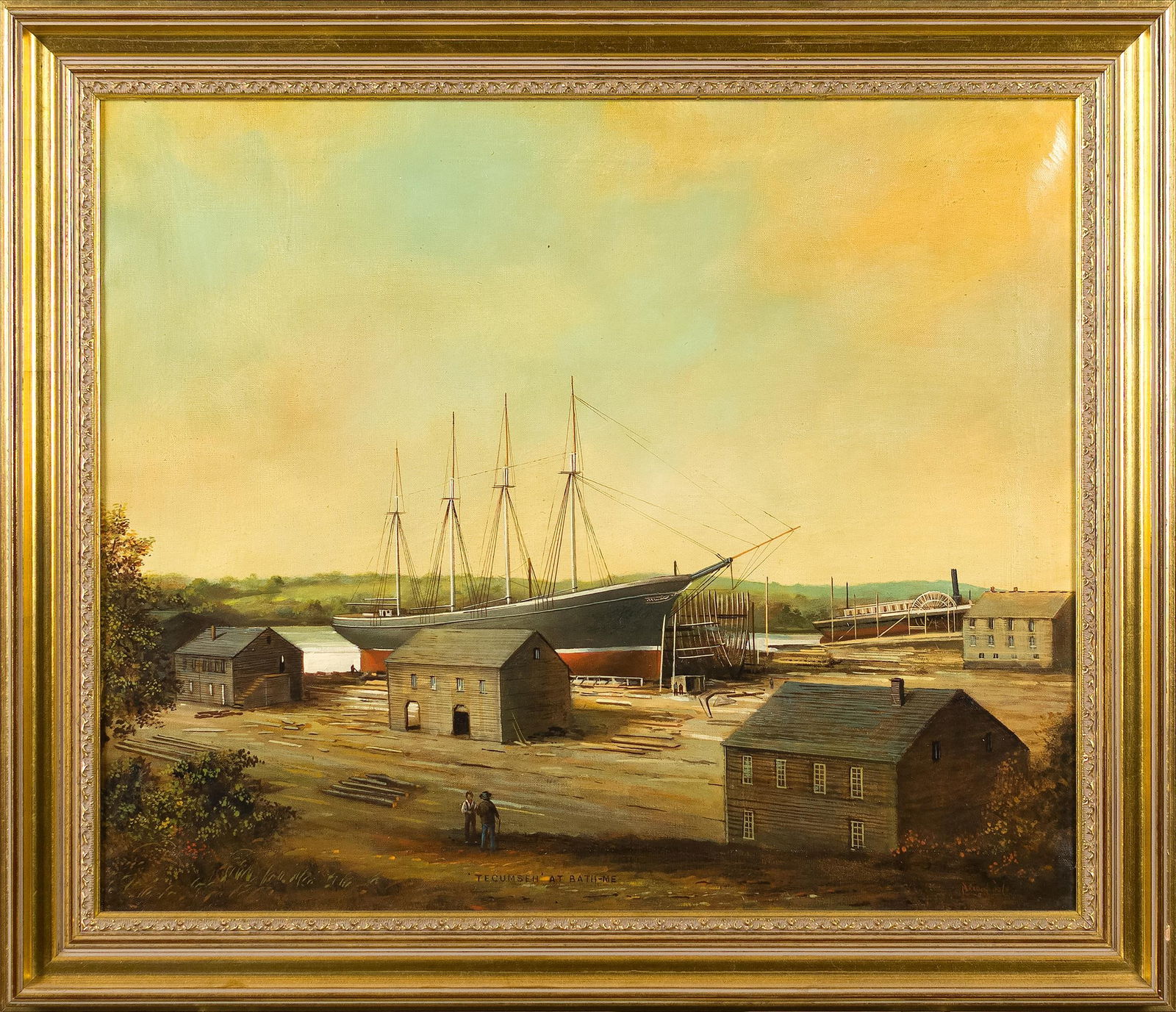 BRIAN COOLE OIL, TECUMSEH AT BATH MAINE.: A Brian Coole (b. 1839) oil on canvas, inscribed on canvas, ‘Tecumseh at Bath ME', and signed lower right, Brian Coole. Image 20” x 24”, Frame 24” x 28”.