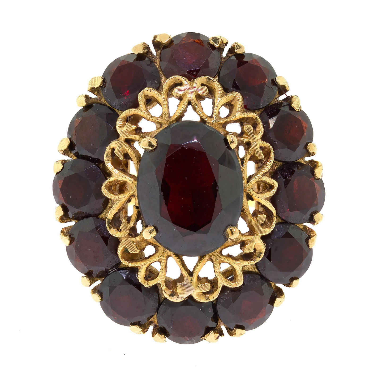 18K GOLD DARK RED GARNET COCKTAIL RING.: A vintage, 18k yellow gold (stamped), cocktail ring set with approx. 6.0 ct. tw., faceted round and oval, dark red garnet. Ring size 6 3/4, 23mm long, 10 grams.