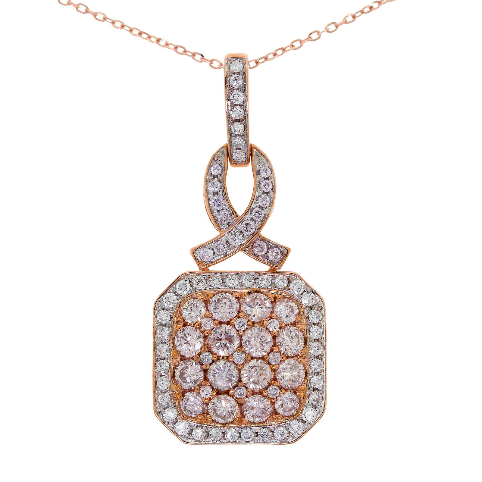 14K ROSE GOLD FAINT PINK & WHITE DIAMOND NECKLACE.: A 14k rose gold (stamped) set with approx. 1.48 ct. tw. round brilliant cut, natural diamonds of very very faint pink color and SI1-SI2 clarity and approx. .34 ct. tw. round brilliant cut, natural dia