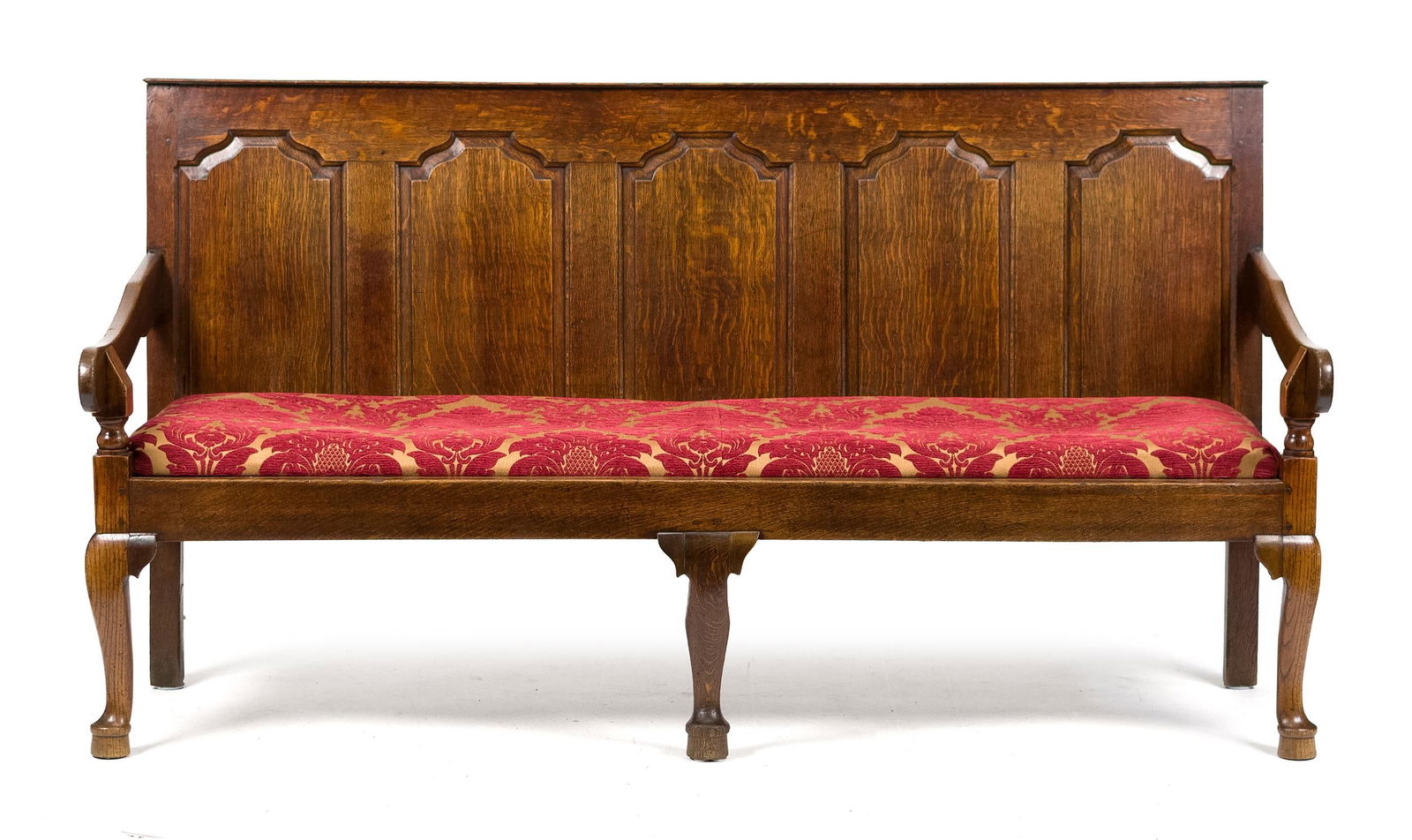 18TH C. QUEEN ANNE UPHOLSTERED OAK BENCH. (1 of 11)
