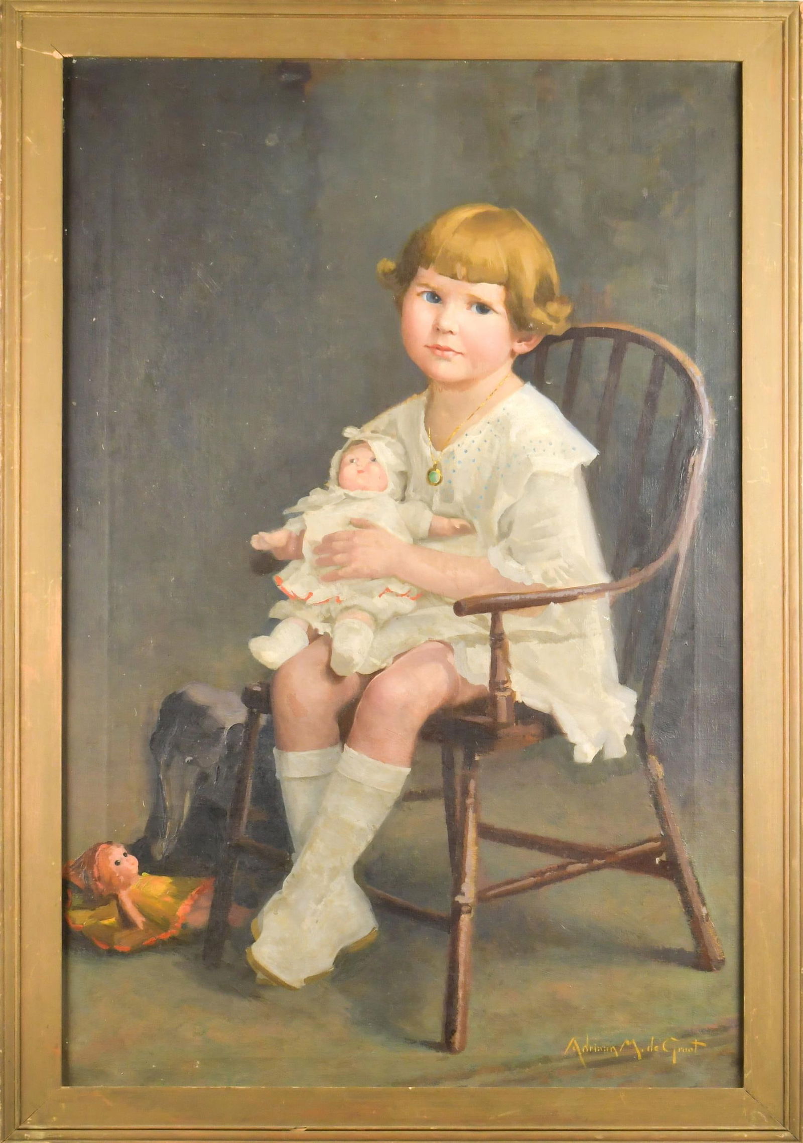 ADRIAAN MARTIN DE GROOT OIL, YOUNG GIRL: An Adriaan Martin De Groot (1870-1942) oil on canvas, young girl wearing a white dress and holding a doll, artist signed lower right. Image 35” x 22”, Frame 38” x 26”.