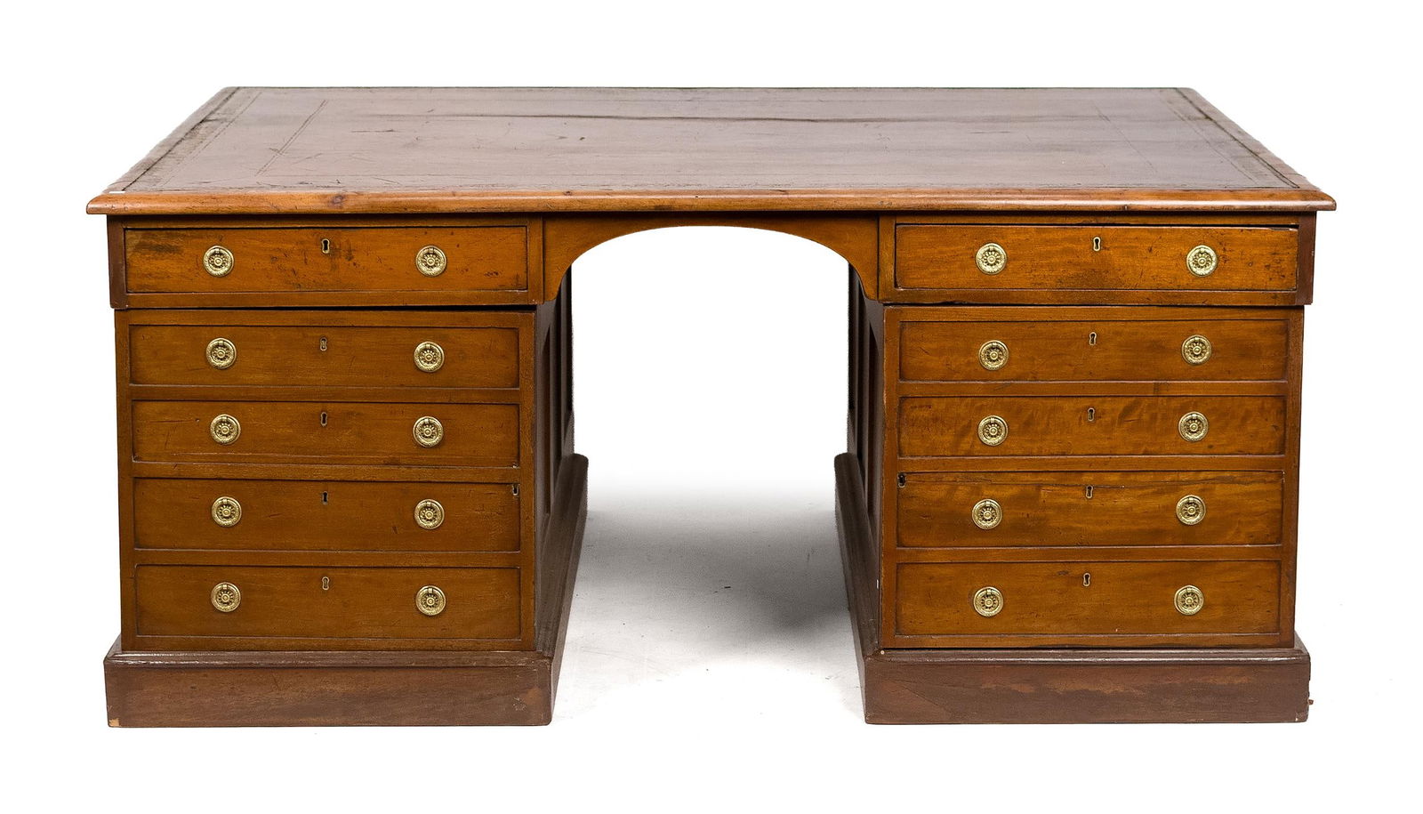 LARGE 19TH C. ENGLISH MAHOGANY PARTNERS DESK.: A large scale 19th C. English mahogany sectional partner’s desk, a removable top section fitted with tooled leather and an arrangement of four drawers, over double pedestal supports with