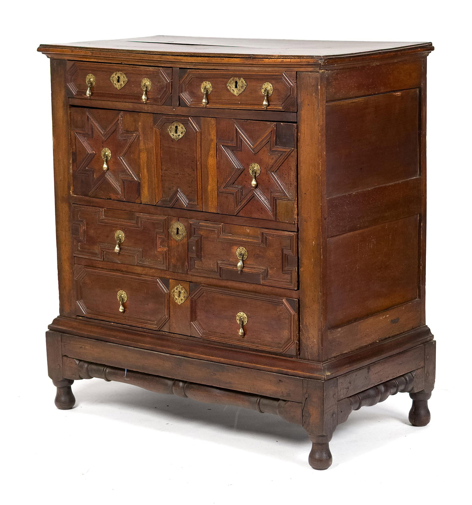 17TH C. RESTORED JACOBEAN CHEST ON FRAME. (1 of 2)