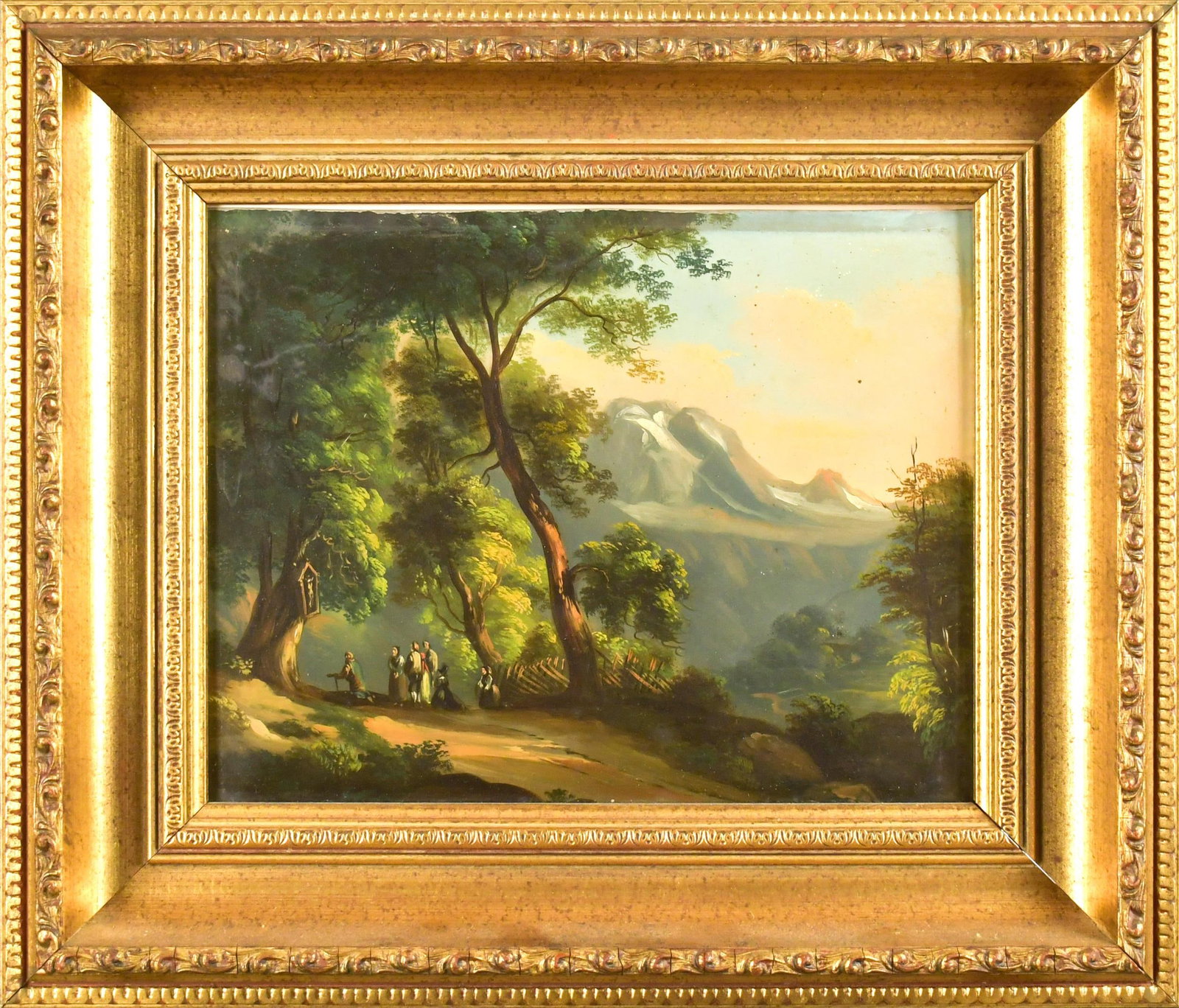 19TH C. EUROPEAN SCHOOL OIL ON TIN.: A late 19th C. oil on tin panel, traveling figures praying in mountainous landscape. Image 8” x 10”, Frame 13” x 15”.