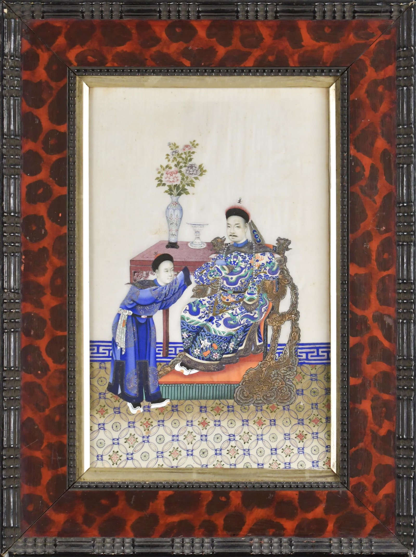 FINE 19TH C. CHINESE WATERCOLOR ON SILK, SCHOLAR.: A very fine 19th C. Chinese watercolor/gouache on silk depicting scholar in interior with boy. Image 12’” x 7.5”, Frame 17.5” x 13”. Provenance: ex. Carl Crossman.