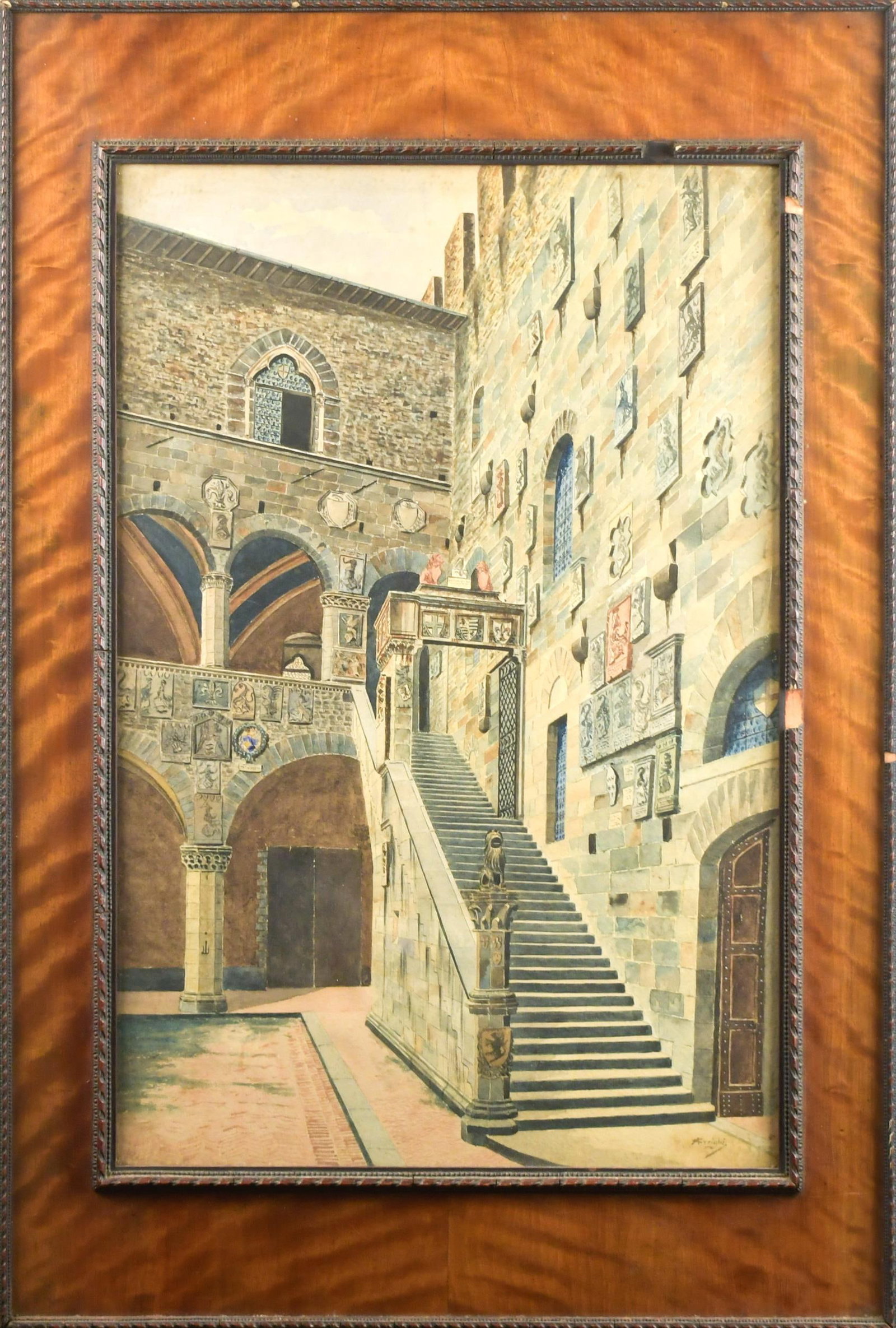 19TH C. ITALIAN W/C, COURTYARD OF THE BARGELLO.: A late 19th/E. 20th C. watercolor on paper, the inner courtyard of the Bargello, Florence. Signed lower right by artist, A. Freichi. Image 21” x 14”, Frame 28” x 19”.