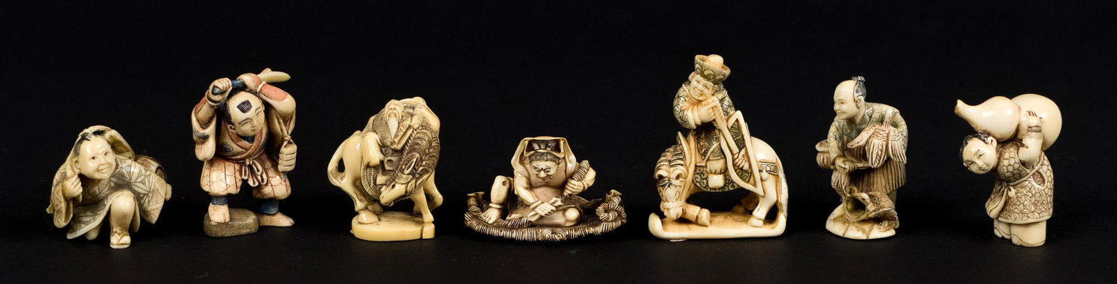 JAPANESE MEIJI NETSUKES,FIGURES ON HORSE & MORE,7 PCS: Japanese Meiji Netsukes, figures on horse & more, 7 pcs., all are signed. 1.5” - 2” H.