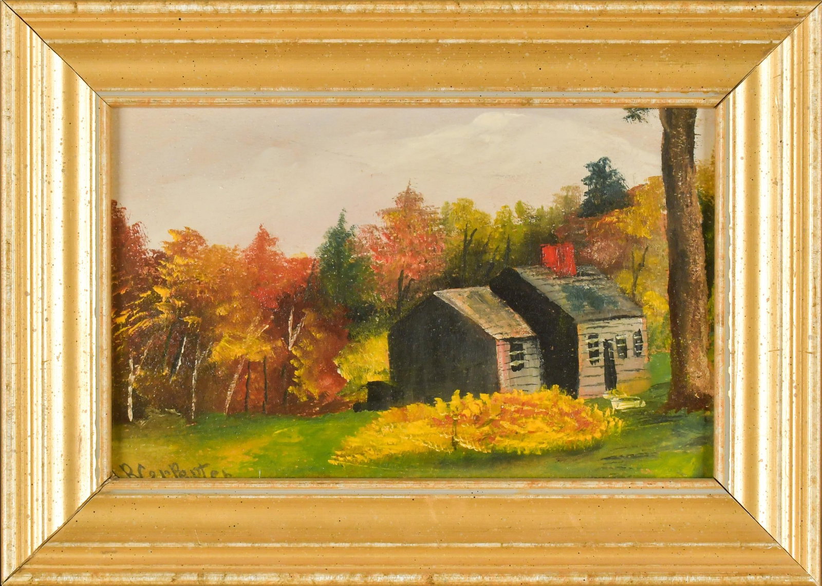 SMALL OIL SIGNED CARPENTER, DANIEL WEBSTER HOMESTEAD.: A small early-mid 20th C. oil on paper board, identified on back as the Daniel Webster homestead, Franklin New Hampshire, and signed lower left, H. B. Carpenter. Board 5” x 8”, Frame