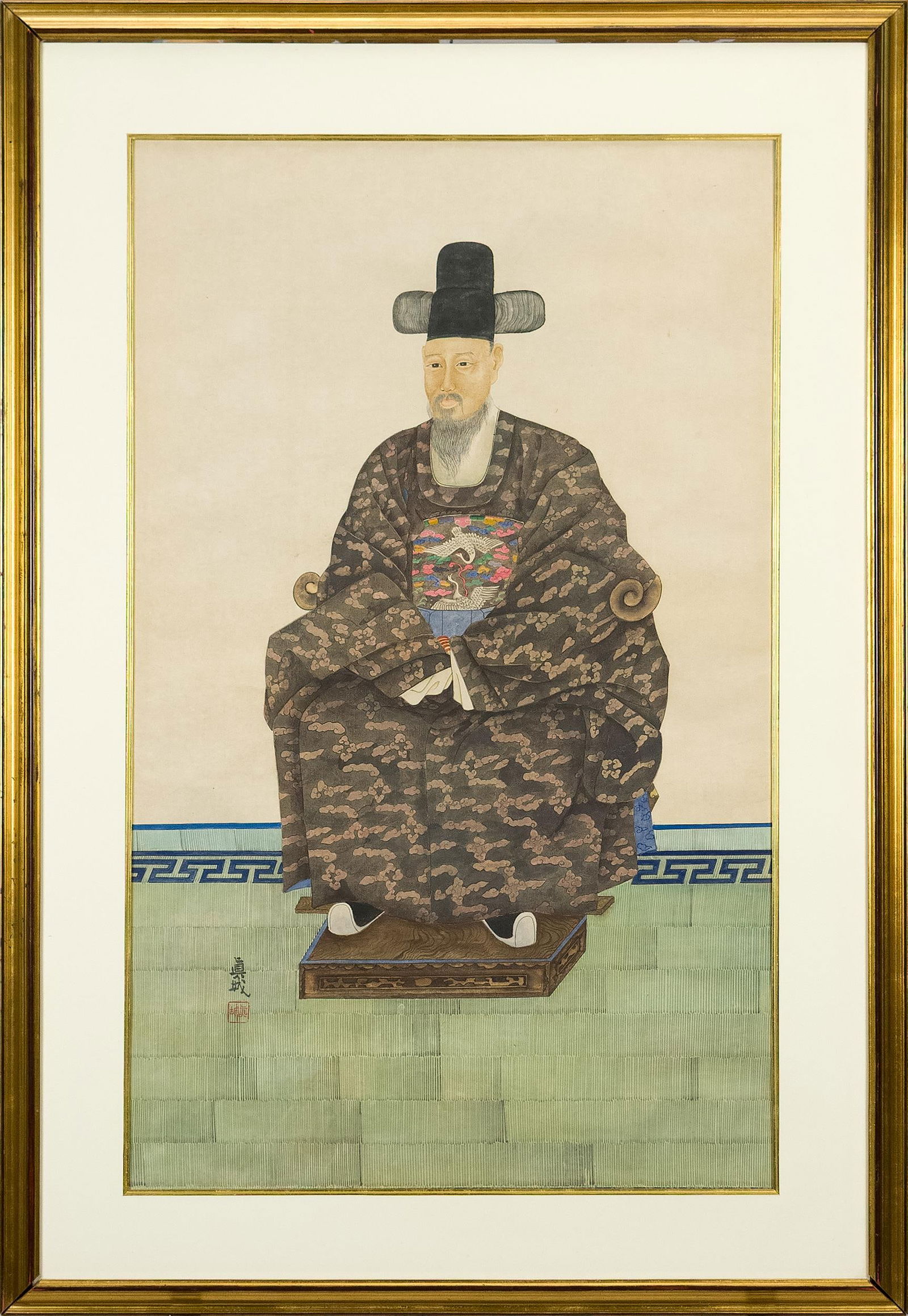 ANTIQUE CHINESE WATERCOLOR, PORTRAIT OF A SCHOLAR.: An antique Chinese watercolor on paper, portrait of a seated scholar in official robes, signed lower left. Image 41” x 25”, Frame 51” x 35.5”.