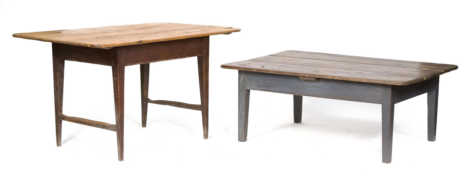 TWO ANTIQUE COUNTRY TABLES.: A 19th C. American country tavern table with a scrub board top on a green painted base with tapered legs, 28”H x 51”W x 31.5”D. A lower, similar example used as a coffee table with a