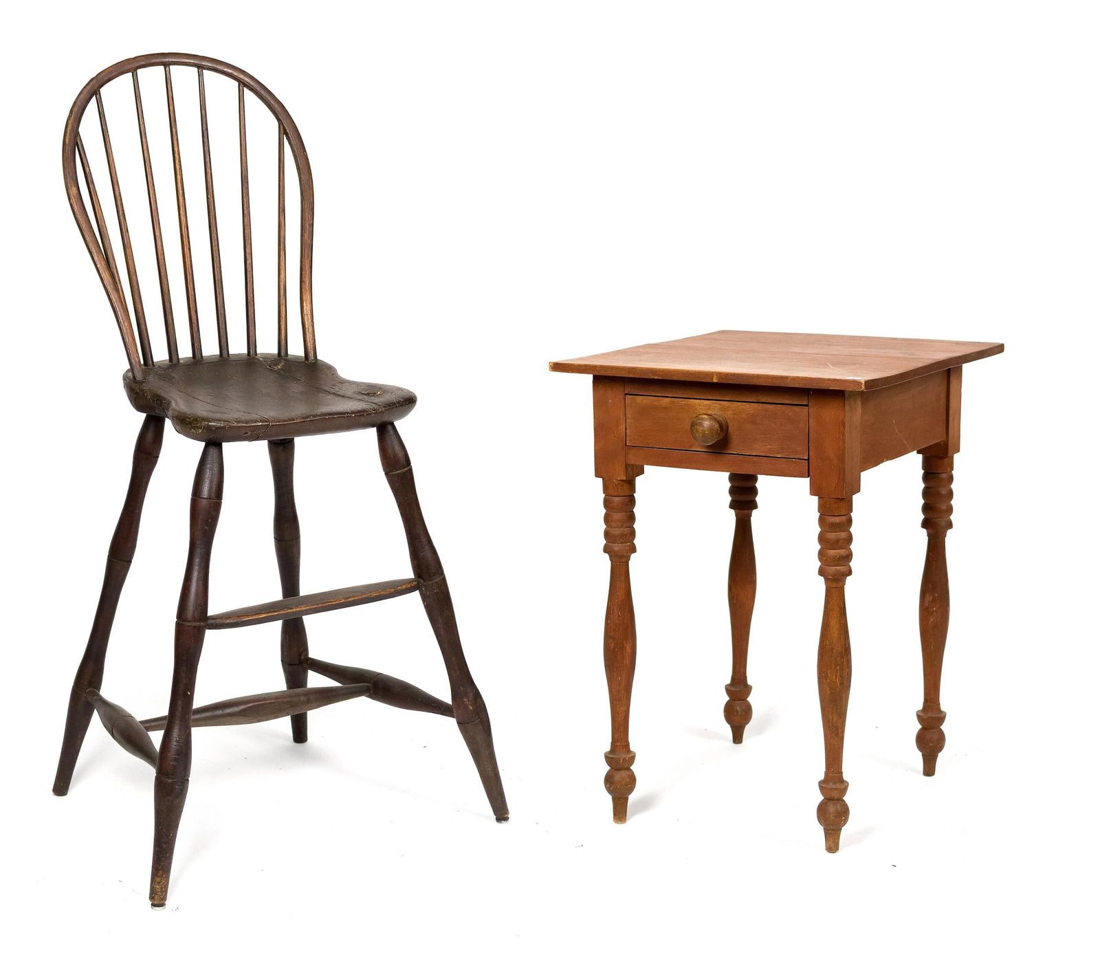 19TH C. WINDSOR WEAVERS CHAIR AND RED 19TH C. STAND.: Two early American furnishings, including: a 19th C. American weavers bow-back Windsor chair with bamboo stylized turnings, 46”H x 16”W x 16”D; a 19th C. Sheraton single drawer stand