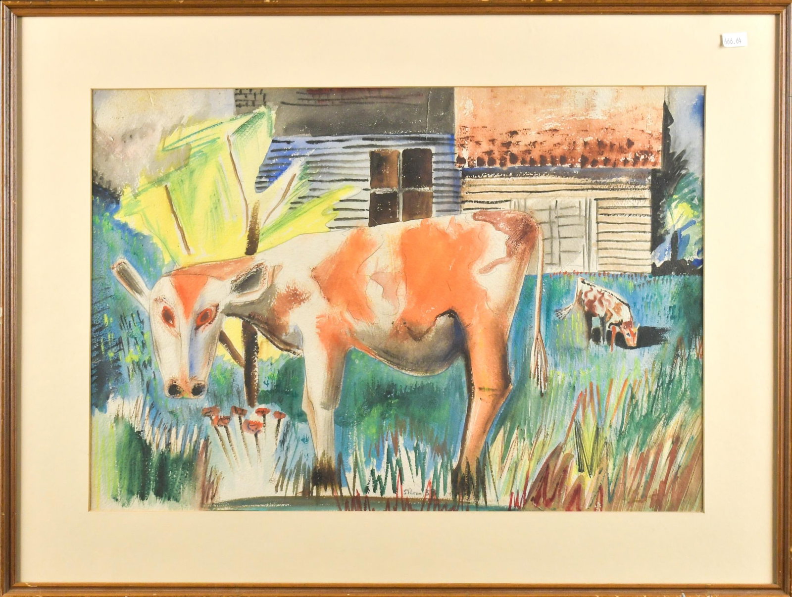 20TH C. FOLK ART WATERCOLOR, FARM SCENE.: A 1937 Folk Art watercolor on paper, farm scene with whimsical gazing cow, illegibly signed in center, and dated 1937. Image 14” x 20”, Frame 20” x 26”.