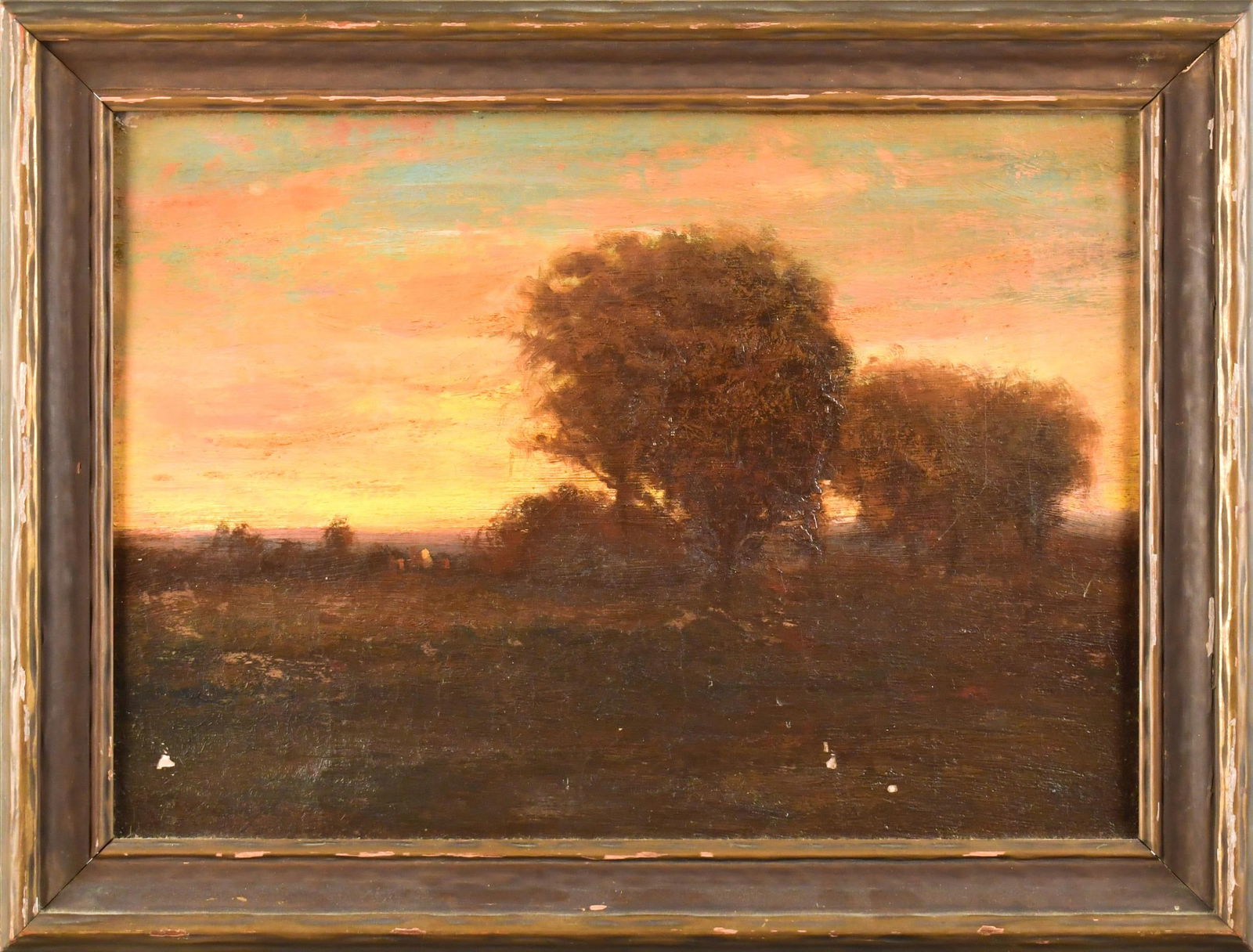 E. 20TH C. ILLUMINIST OIL, LANDSCAPE.: An early 20th C. unsigned oil on canvas, illuminist landscape in the manner of George Innes. Image 10” x 14”, Frame 12.75” x 16.5”.
