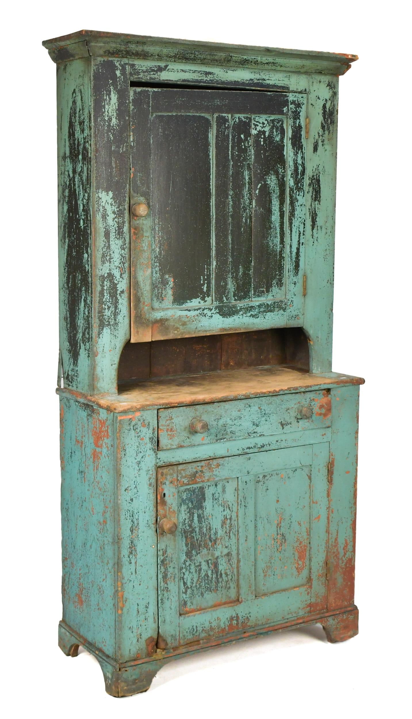 ANTIQUE TWO PART GREEN PAINTED COUNTRY CUPBOARD. (1 of 16)