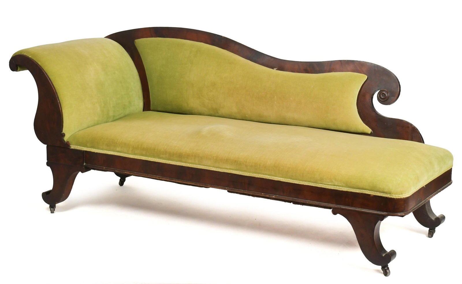 19TH C. NY CLASSICAL RECAMIER.: A ca. 1840 New York mahogany recamier with rolled arms and back, upholstered in a vintage green fabric. 31”H x 76”L x 25”W.