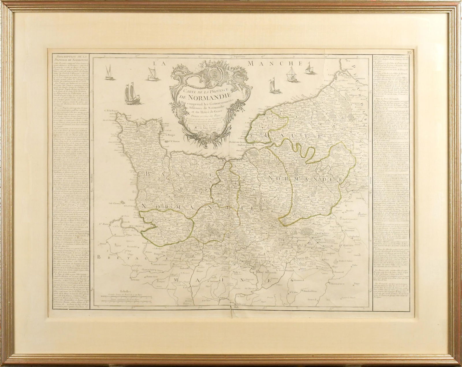 18TH C. FRENCH CHEZ BASSET MAP OF NORMANDY.: A 1777 French map of the French province Normandy, published by Chez Basset, engraved with some hand coloring. Carte de la Province de Normandie. Image 19” x 26”, in a Heydenryk frame