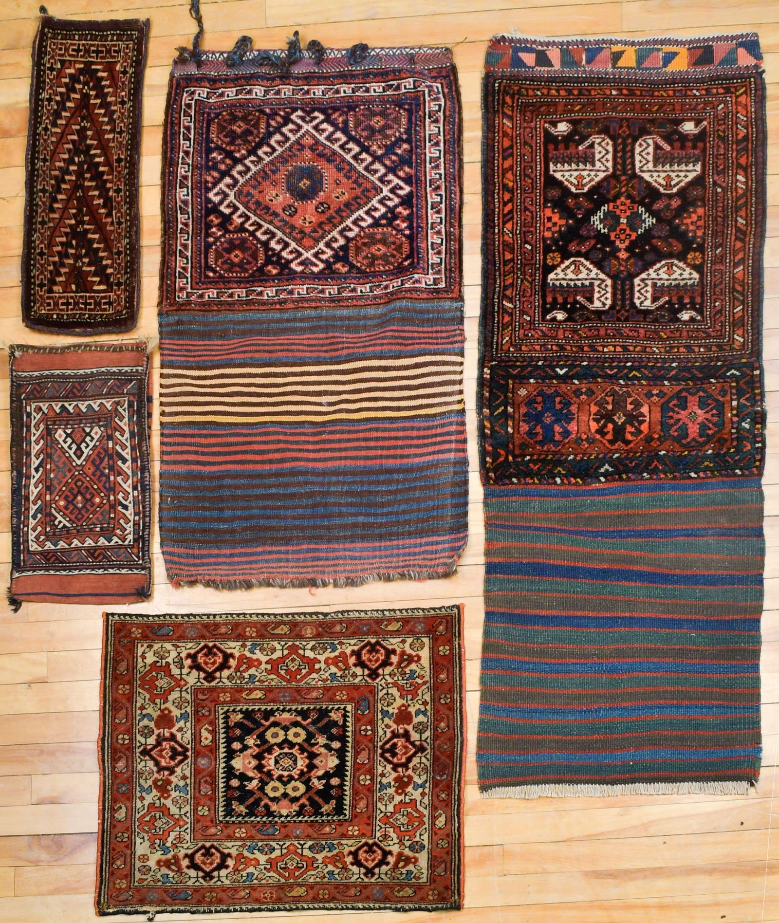 VINTAGE ORIENTAL BAG FACES AND MATS, 5 PCS.: Five vintage Oriental bag faces and mats , including two larger 22” x 55” and 24 x 40”. Three smaller, 12” x 19” to 22” x 29”.