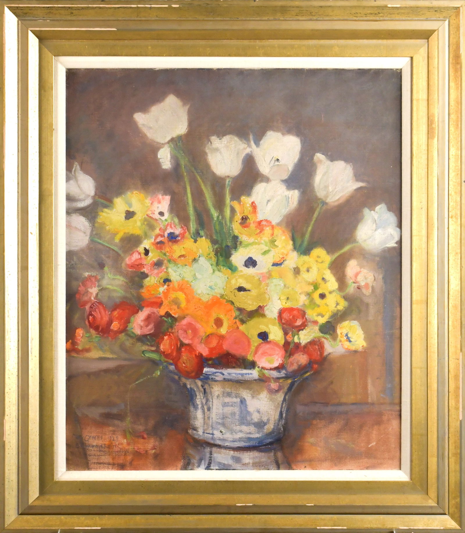 MARY SHEPARD BLUMENSCHEIN OIL, STILL LIFE, 1929.: A Mary Shepard Greene Blumenschein (1869 - 1958) oil on canvas, floral still life in blue and white vase, signed lower left Mary Greene Blumenschein, 1929. Old labels on reverse. Canvas 22” x 18