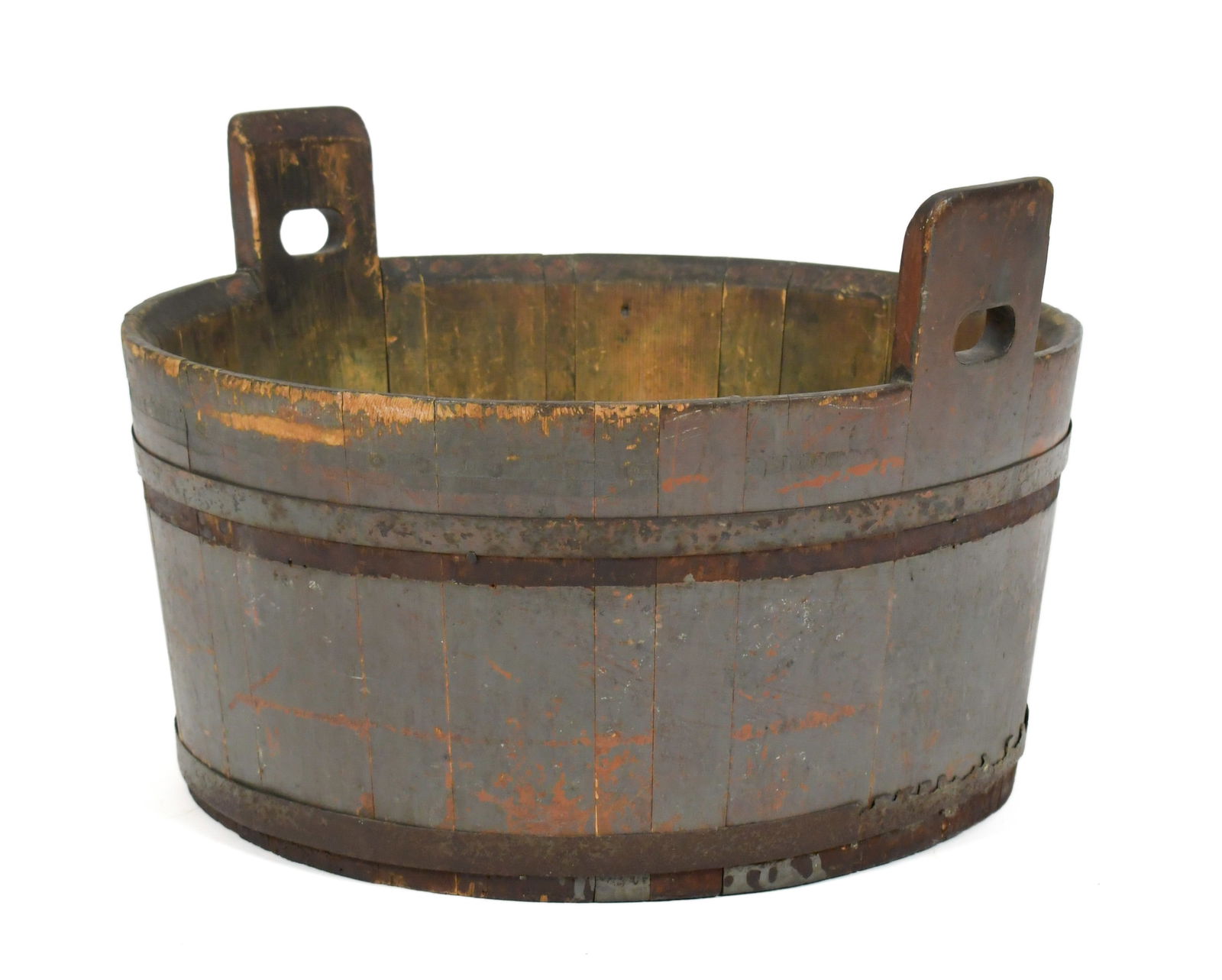 LARGE 19TH C. GRAY PAINTED TUB.: A 19th C. large gray painted tub, stave construction with iron wraps and two carved out handles.