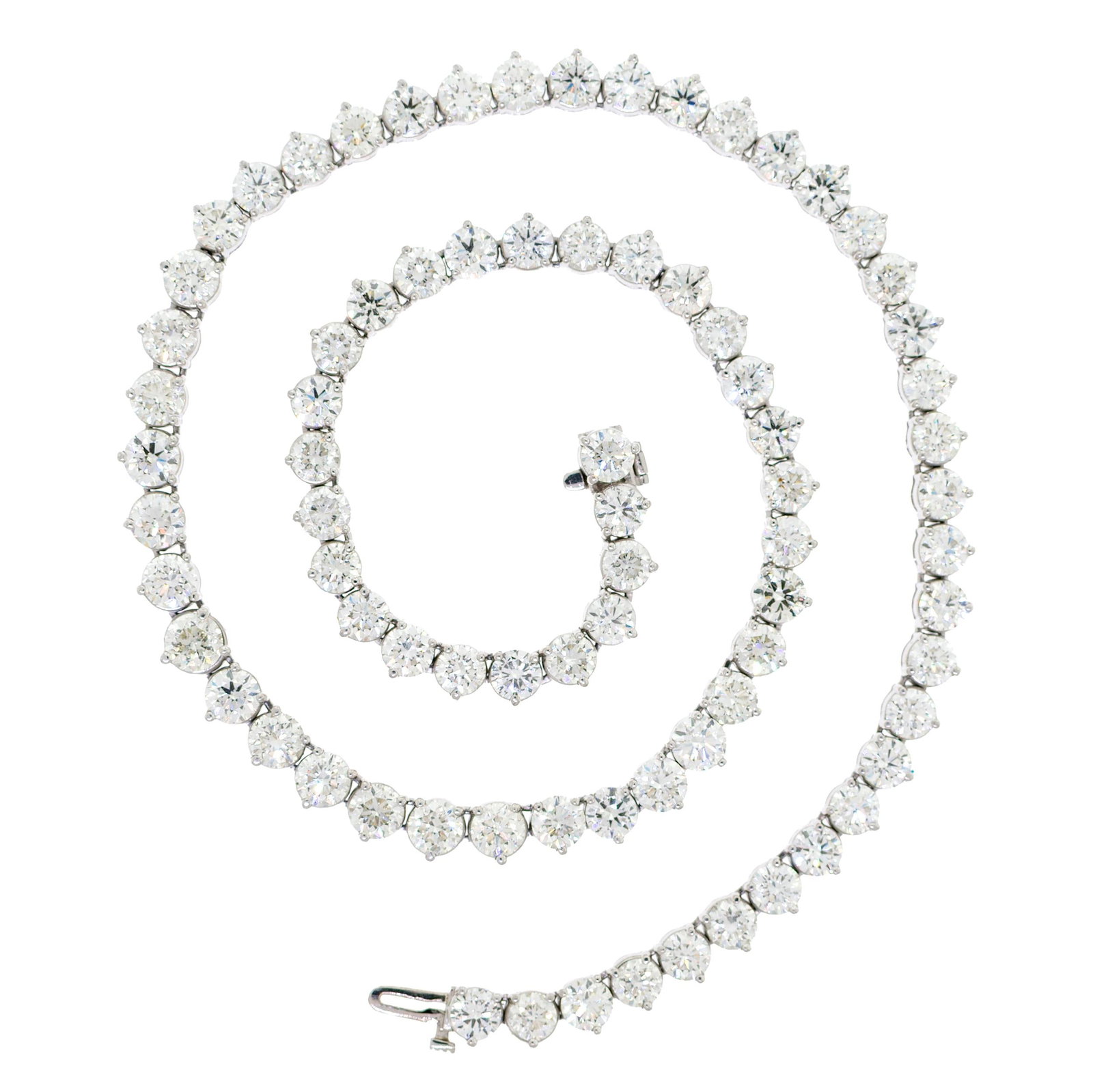 FABULOUS PLATINUM 45 CT TW DIAMOND RIVIERE NECKLACE.: A fabulous, platinum (stamped), Riviere necklace set with exactly, 45.02 ct. tw., round brilliant cut, natural diamonds of H-I color and SI1 clarity, 18 inches long, 101.60 grams. Tested as natural