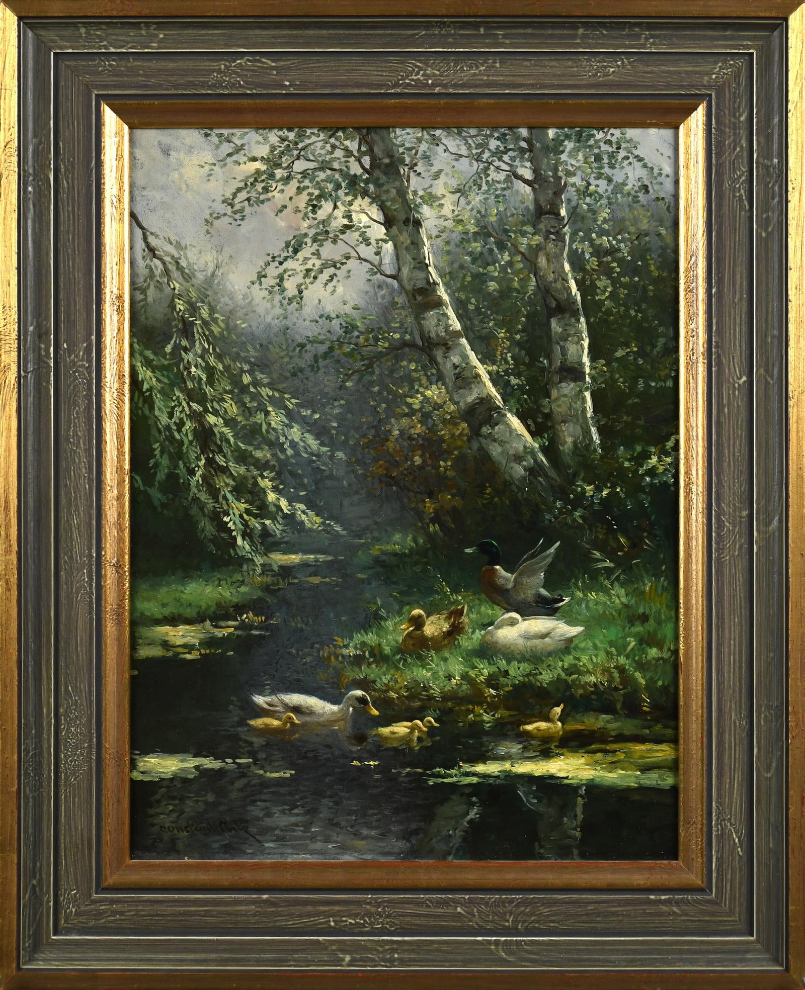 CONSTANT ARTZ OIL ON CANVAS, DUCKS IN STREAM.: A Constant David Ludovic Artz (1870-1951) oil on canvas, ducks in stream, artist signed lower left. Image 16” x 12”, Frame 20.25” x 16.25”.