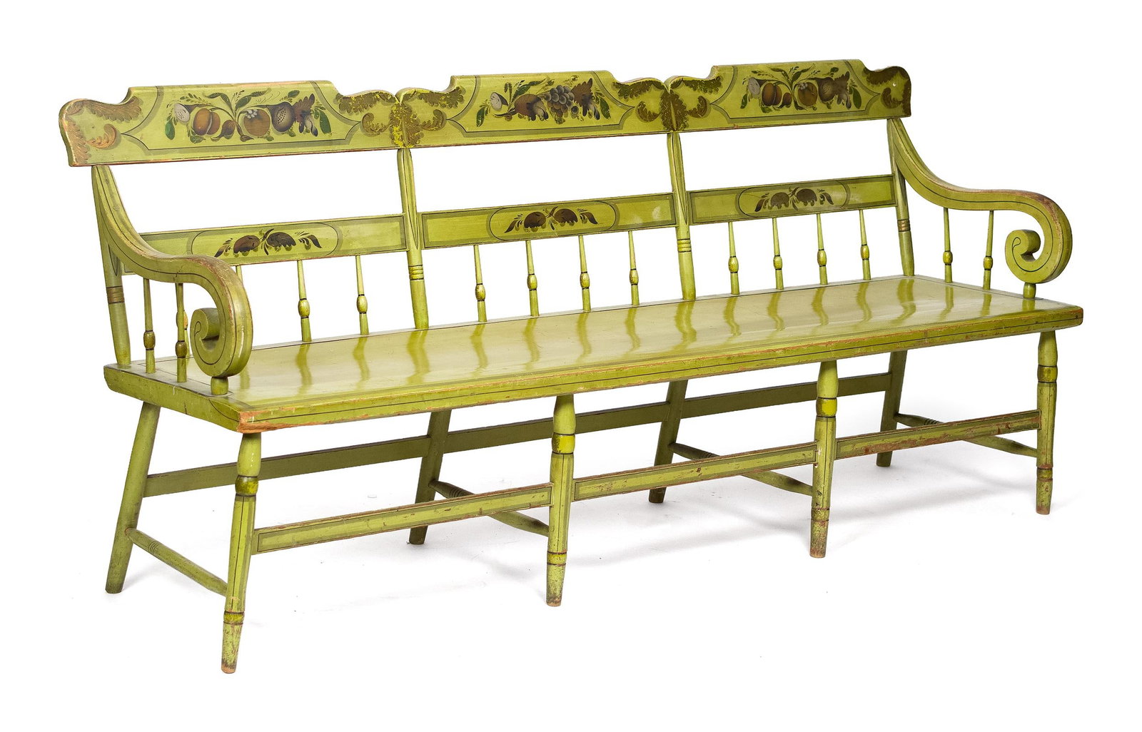 19TH C. PA DEACONS BENCH IN ORIGINAL PAINT.: A good ca. 1830 Pennsylvania deacon's bench with original apple green paint, highlighted with stenciled details. Along with a custom and removable upholstered seat cushion. 36”H x 75”W x 2