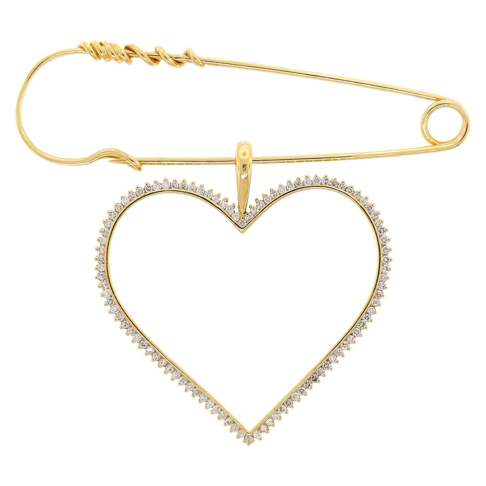 JOSE HESS 18K GOLD DIAMOND HEART PIN/PENDANT.: A Jose Hess signed, 18k yellow gold (stamped), heart pin/pendant, marked 150811, set with approx. 1.5 ct. tw., round brilliant cut, natural diamonds of G-H color and VS-SI clarity, pin is approx. 3