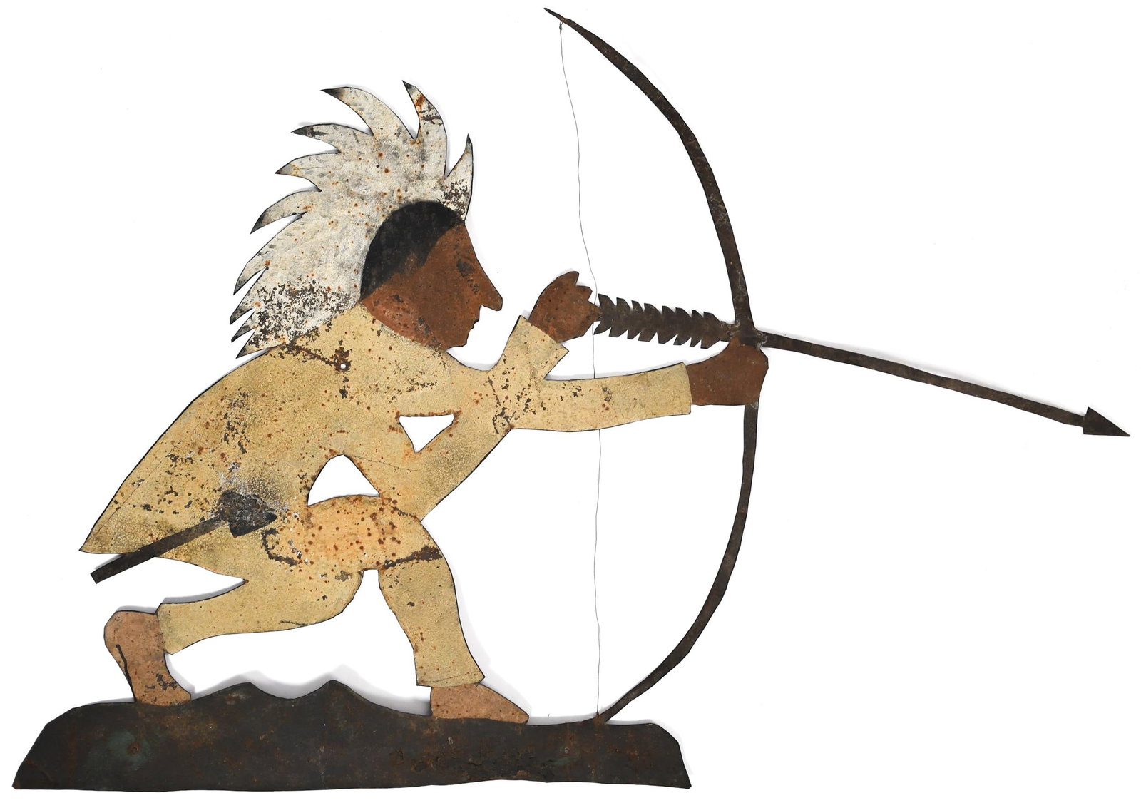 19TH C. PAINTED SHEET METAL WEATHERVANE.: A good late 19th C. painted sheet metal weathervane, crouching Native American with a bow and arrow, in original yellow, black, white, green, and salmon paint. 23”H x 31”W.