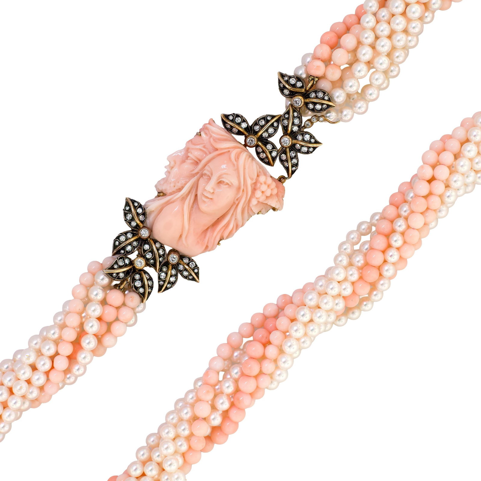 FABULOUS 18K GOLD PAOLO PIOVAN CORAL & PEARL NECKLACE: A fabulous, one-of-a-kind necklace, signed Paolo Piovan, a renowned Italian master goldsmith and jewelry designer featuring a delicately carved coral cameo of a man and woman set into an 18k yellow go