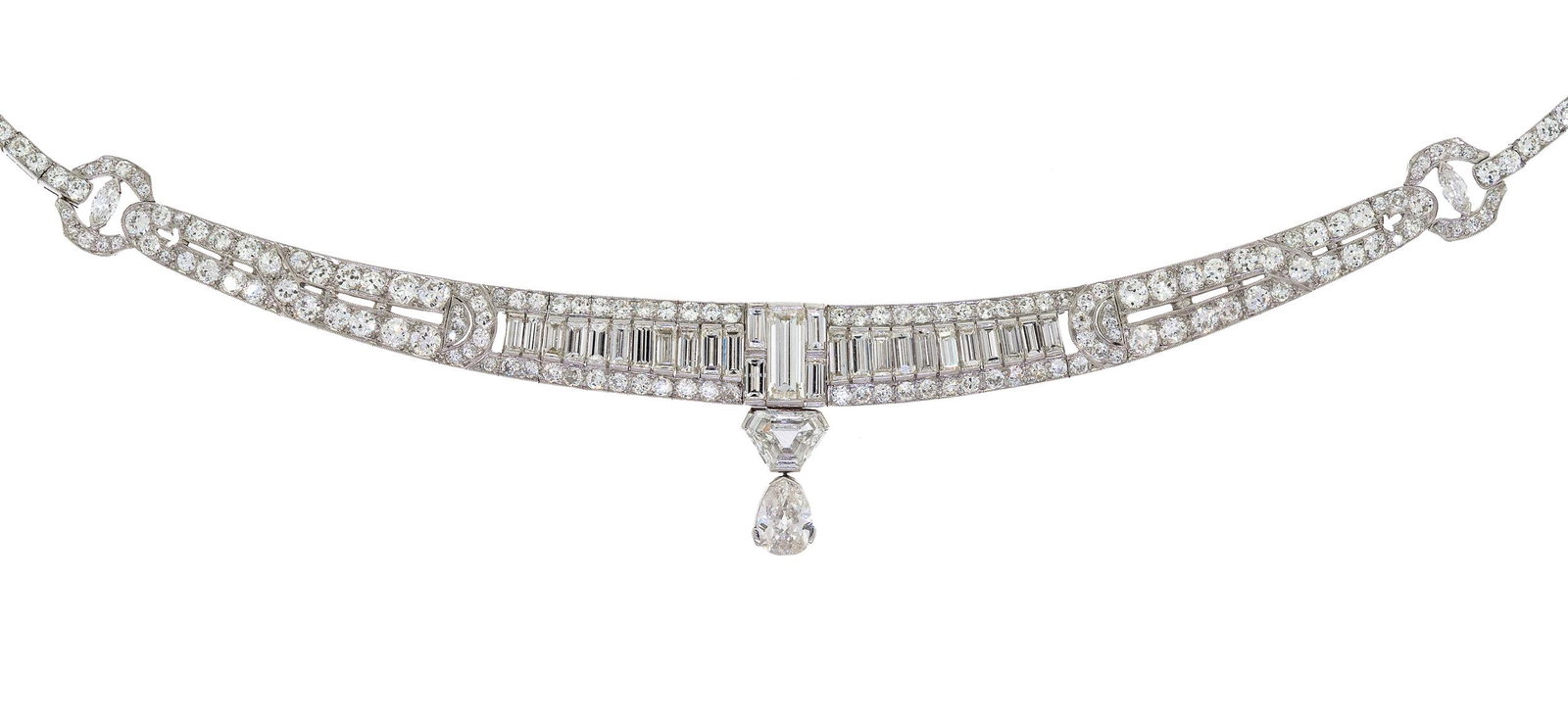 GLAMOROUS ART DECO PLATINUM DIAMOND CHOKER.: A glamorous Art Deco, platinum choker style necklace set with approx. 15 ct. tw., shield, pear (7.34 x 5.5 x 2.8mm and approx. .65 ct.), baguette, marquise and Old European cut, natural diamonds of G-