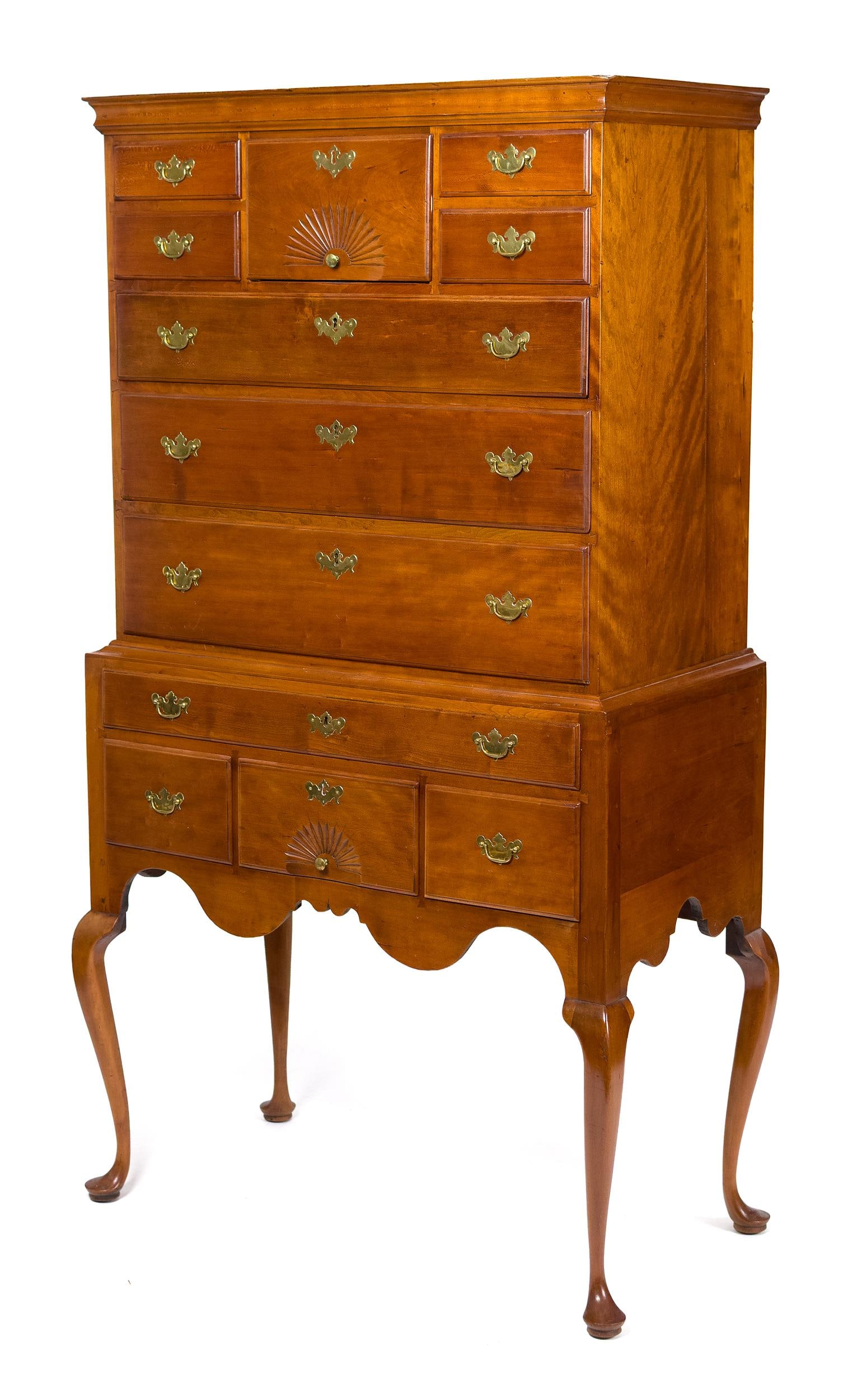 18TH C. WETHERSFIELD CT CHERRY HIGHBOY.: A refined and finely proportioned ca. 1760 Wethersfield, CT Queen Anne two-part cherry highboy with pine secondary woods. The top section with an applied cornice molding over case drawers set with per