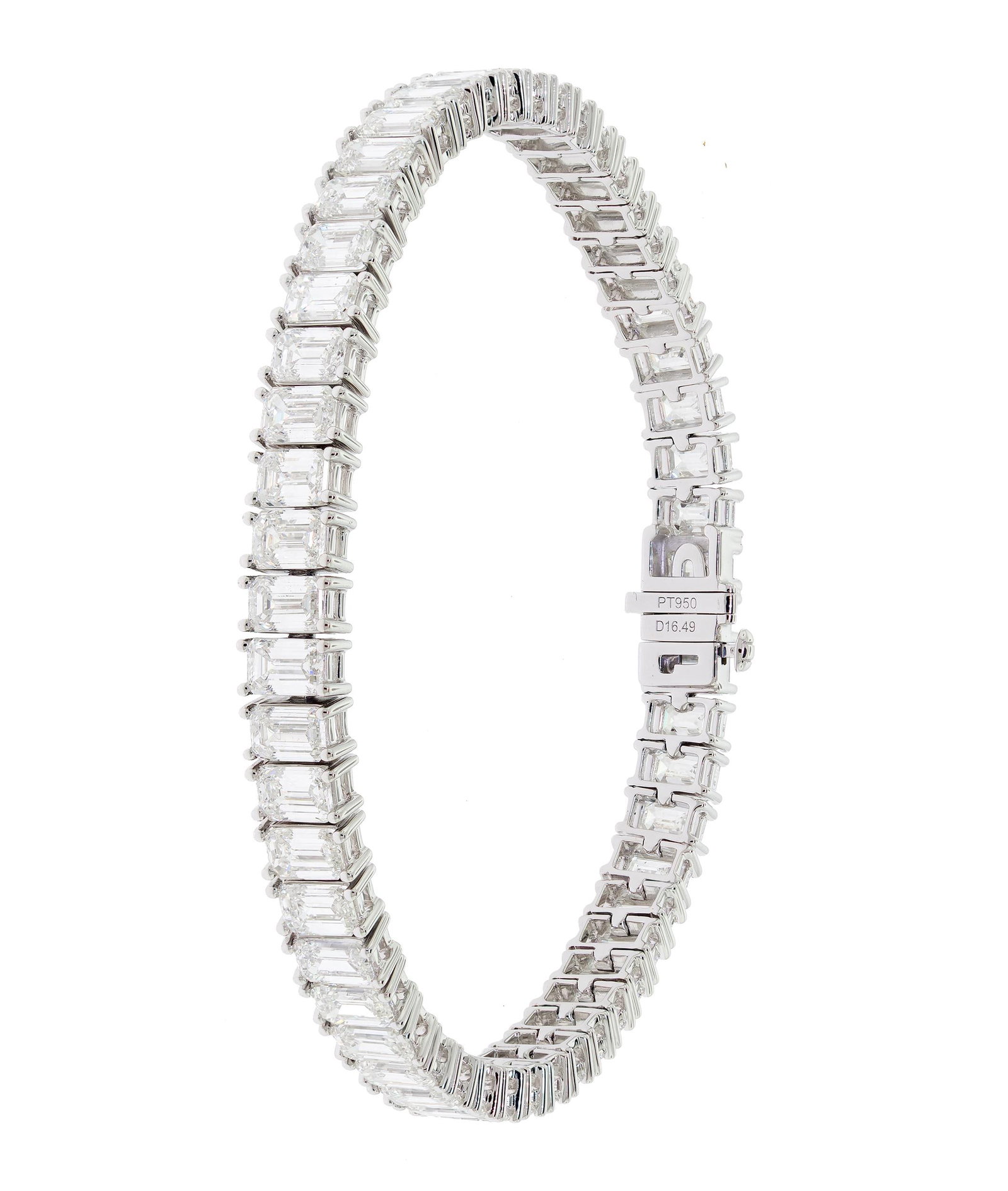 PLATINUM 16.49 CT. TW. EC DIAMOND LINE BRACELET.: A platinum (stamped), line bracelet set with exactly, 16.49 ct. tw., emerald cut, natural diamonds of H-I color and VS clarity, 6mm wide, 26.6 grams. Tested as natural mined diamonds.