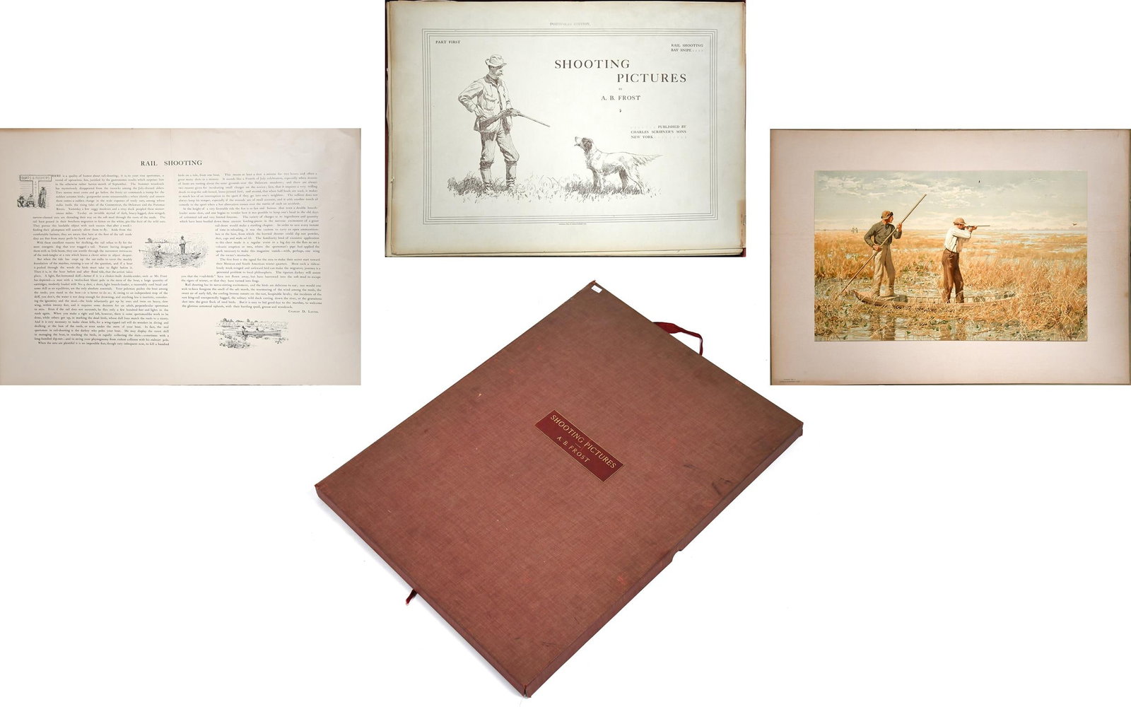 ARTHUR BURDETT FROST FOLIO, SHOOTING PICTURES.: An Arthur Burdett Frost folio, Shooting Pictures, published by Charles Scribner & Sons 1895. Complete portfolio edition with six parts and 12 colored chromolithographs. Contained in original protectiv