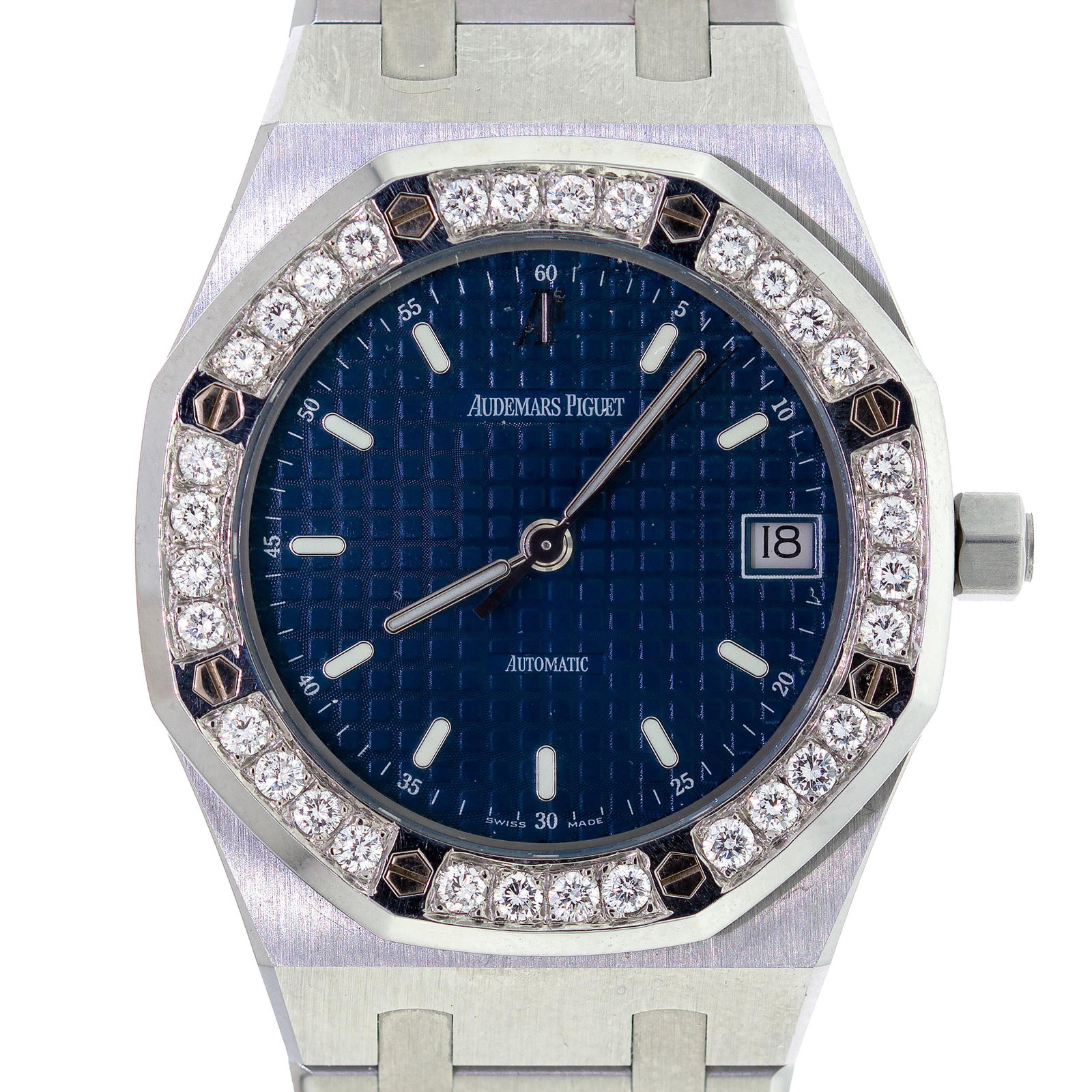 AUDEMARS PIGUET ROYAL OAK STEEL WATCH W/ PROVENANCE.: An Audemars Piguet, Royal Oak, stainless steel wrist watch, 14790ST.OO.0789ST, case marked, E91458, movement #557433, 37mm case, blue dial with date, screw-down crown, aftermarket diamond bezel set wi