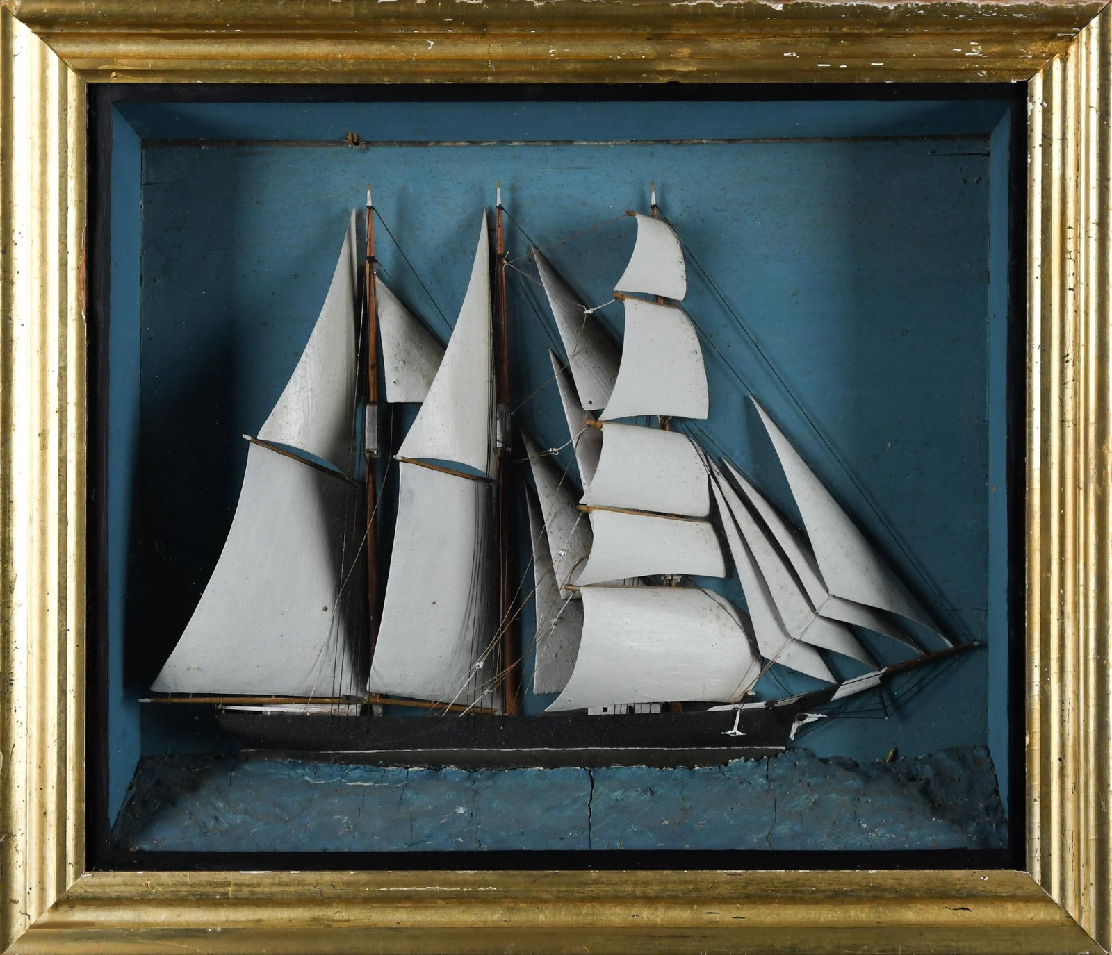 19TH C. SHIP DIORAMA, ATHENA.: A mid-19th C. hand made ship diorama with an old jelly label on back identifying the ship as the ‘Athena’ Captained by Henry Smith. 17.75” x 21” overall.