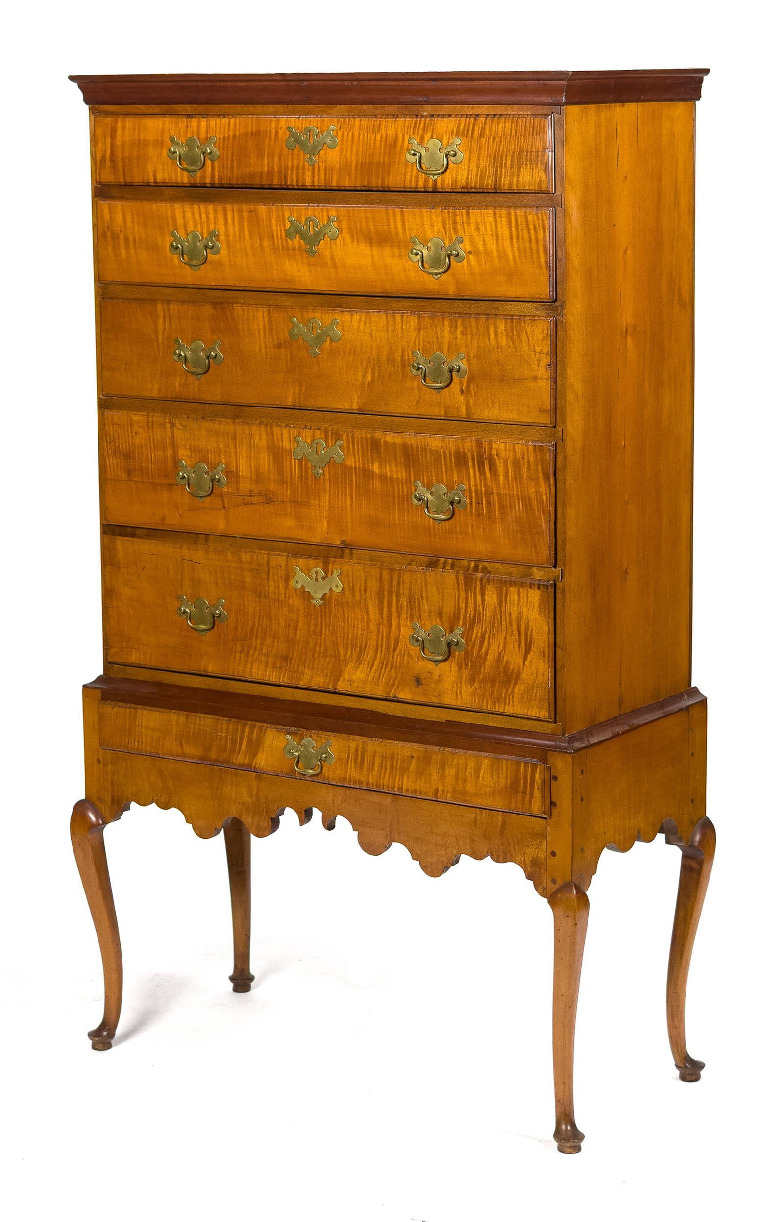 RARE 18TH C. CT TIGER MAPLE CHEST ON FRAME.: A ca. 1760 Connecticut two-part tiger maple diminutive chest on frame. The upper case section with an applied upper molding and five graduated drawers, on an unusual base containing a single drawer an