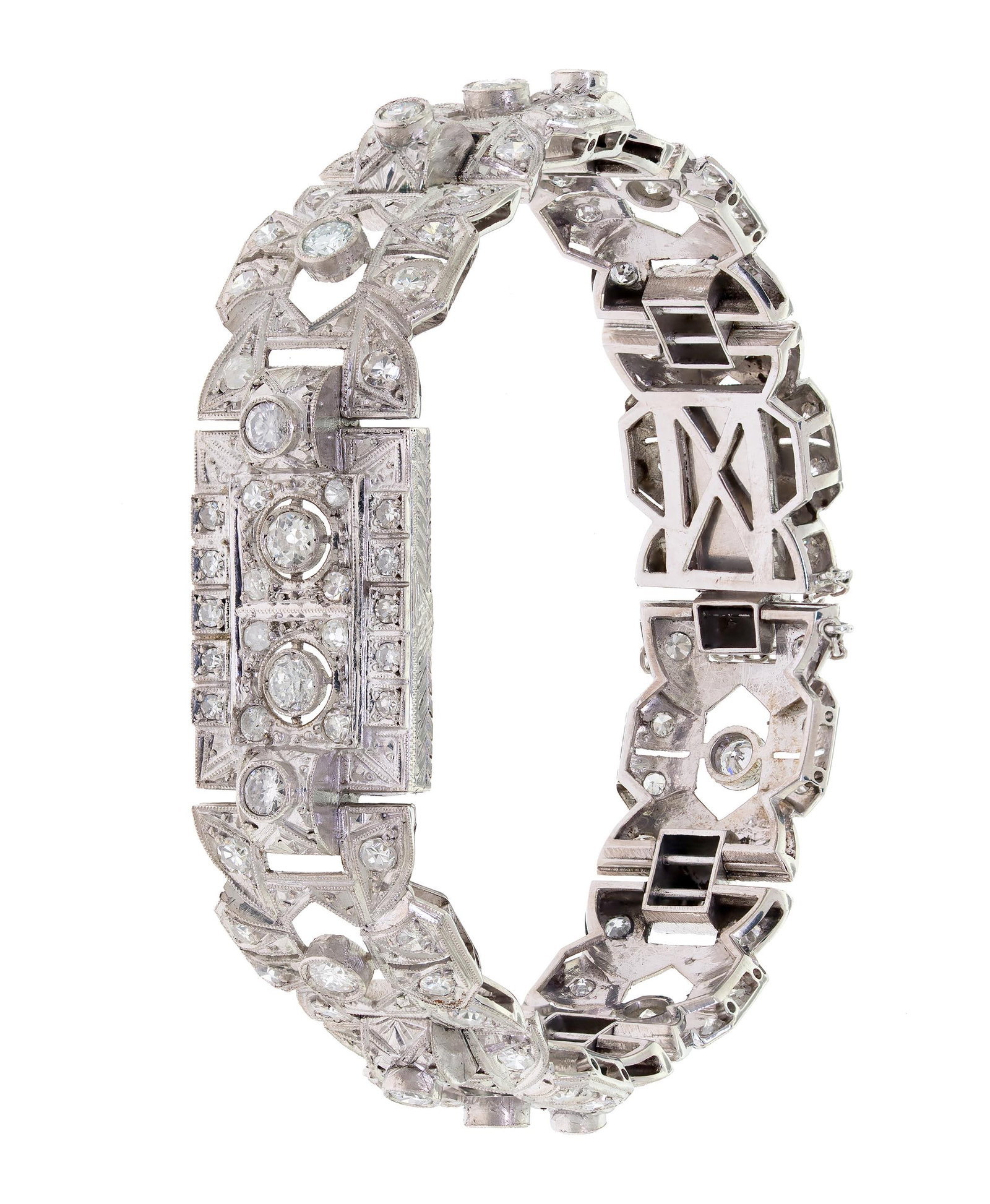 ART DECO PLATINUM 5.0 CT. TW. DIAMOND BRACELET.: An Art Deco, platinum (tested), hand-crafted, bracelet set with approx. 4.5 - 5.0 ct. tw., Old European, round brilliant and single cut, natural diamonds of G-H-I color and VS-SI clarity, 14mm wide, 7
