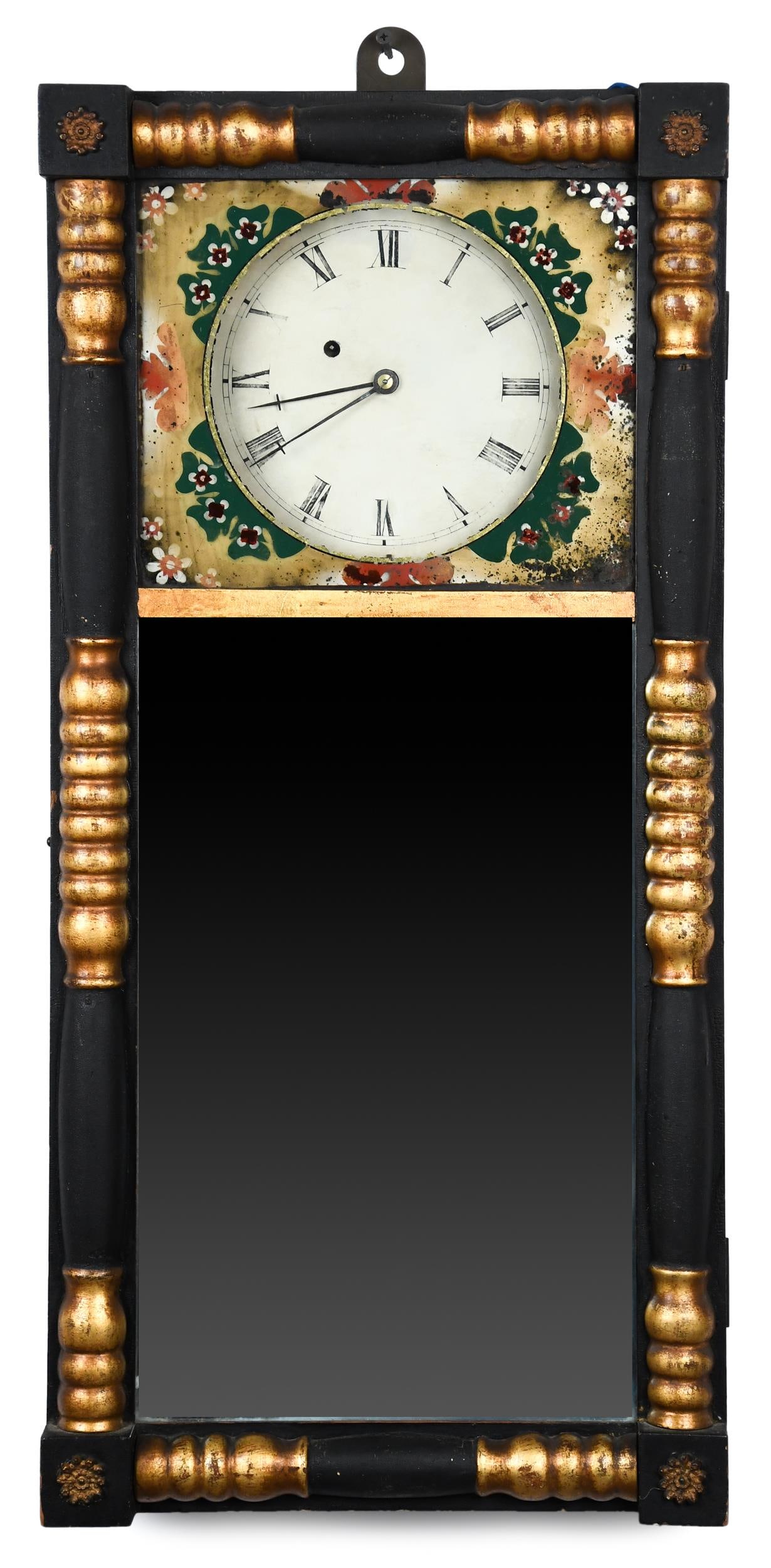 19TH C. NH MIRROR CLOCK ATTRIB. TO JOSEPH CHADWICK.: A ca.1830 New Hampshire mirror clock attributed to Joseph Chadwick, in excellent condition, with a parcel gilt and black painted split column case, colorful stencil reverse painted tablet above the or
