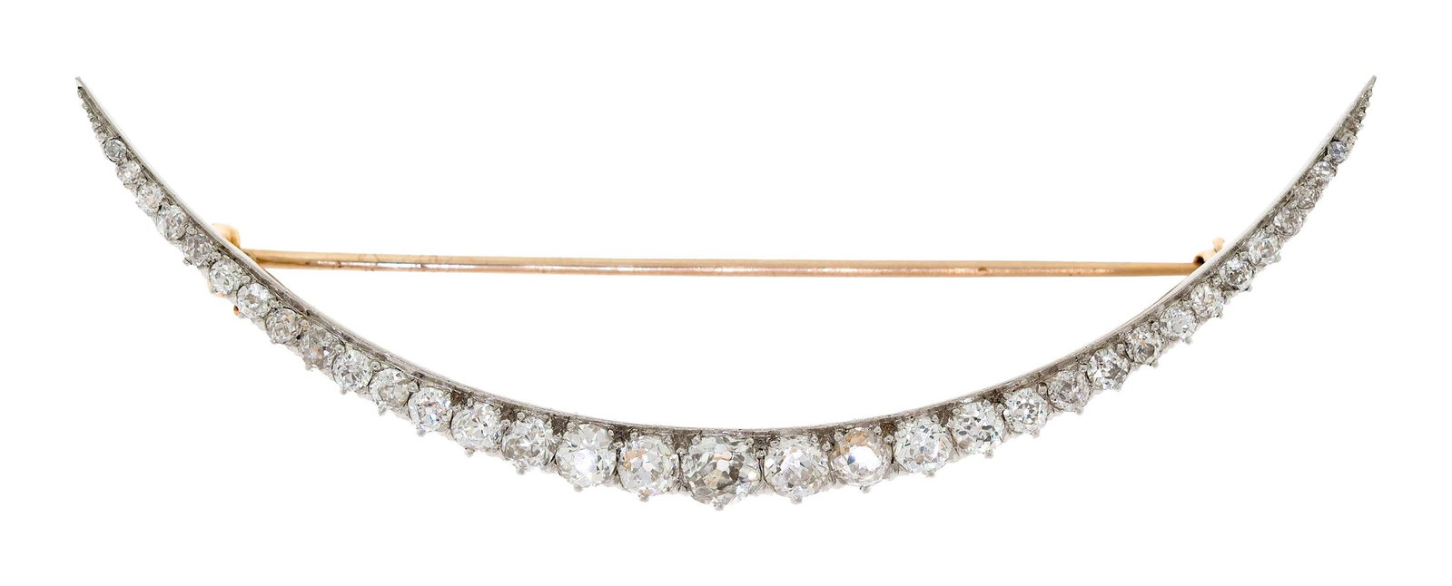 ANTIQUE PLATINUM OLD MINE CUT DIAMOND CRESCENT PIN.: An antique, platinum (tested) and 18k yellow gold (tested), crescent pin set with approx. 3.5 ct. tw., Old Mine cut, natural diamonds of G-H-I color and VS-SI clarity, 3 5/8 inches long, 11.4 grams. T