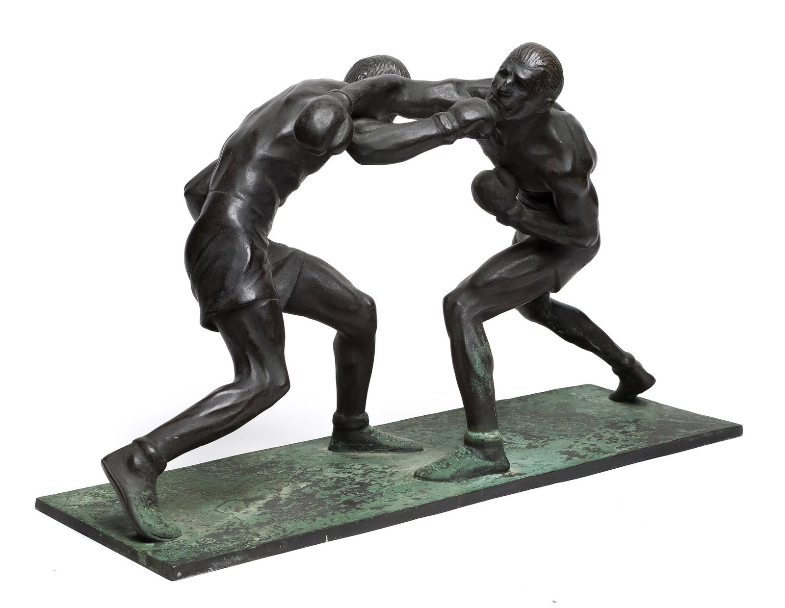 MAHONRI YOUNG BRONZE, TWO PUGILISTS.: Mahonri MacKintosh Young (1877-1957) bronze sculpture, two pugilists fighting, one boxer landing a right hook to the jaw of opponent. Signed on base, Mahonri. 14”H x 23.5”W x 7.5”D. 