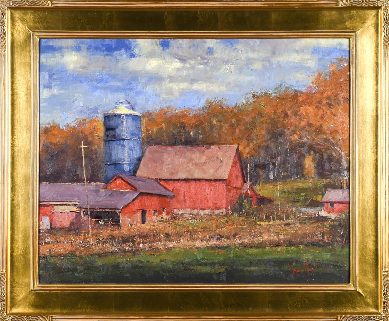 GEORGE VAN HOOK OIL, RED BARNS.: A contemporary George Van Hook (B. 1954) oil on canvas, red barns In a country landscape, artist signed lower right. Image 24” x 30”, Frame 31” x 36.5”.